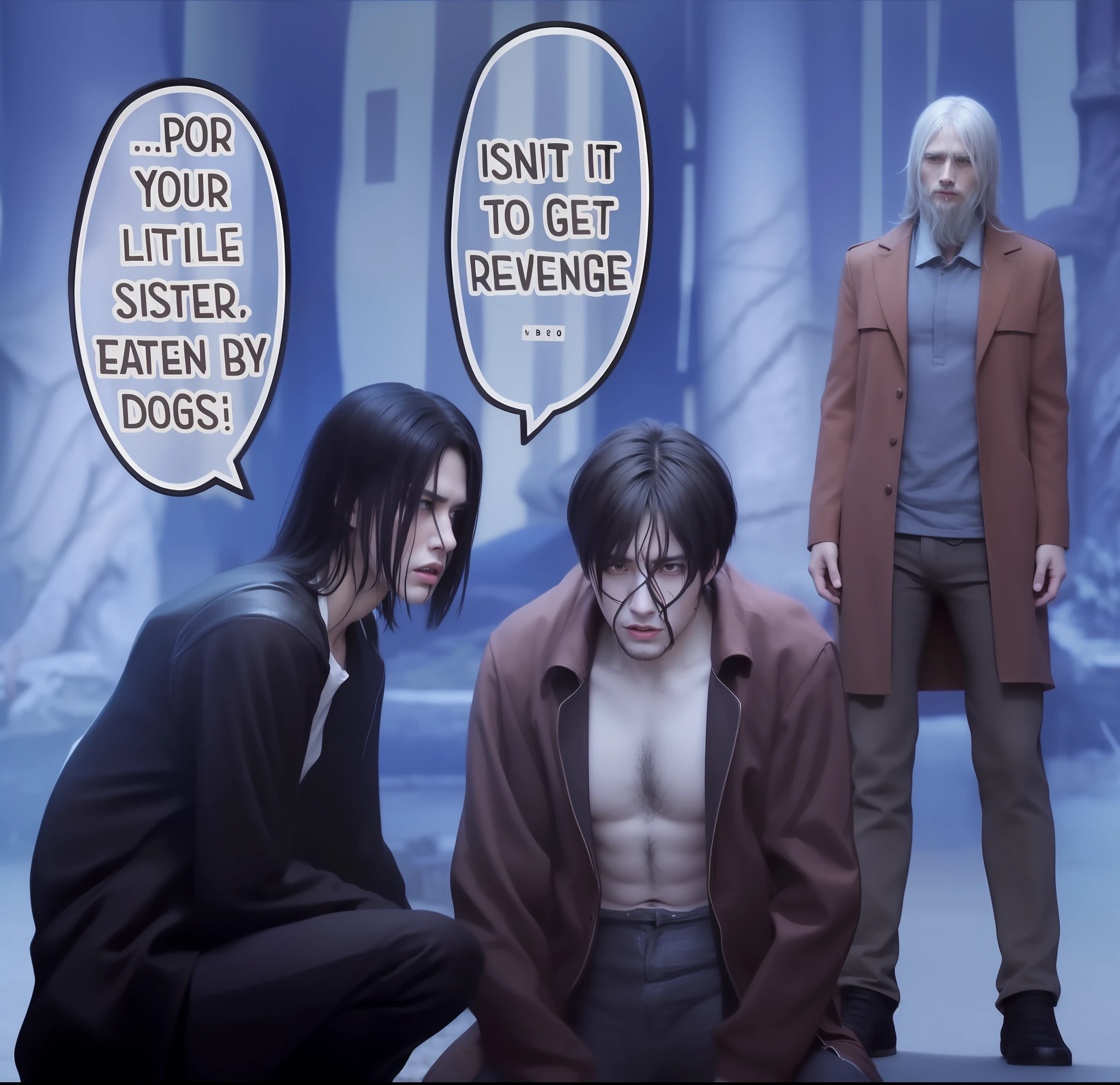 best quality, masterpiece, (realistic: 1.2), 1 man, Eren Jaeger, real life, live action, black jeans, black pants, brown hair, attack on Titan, cold background, bluish environment, black jacket, slim body, high definition, high quality, black clothes, long hair