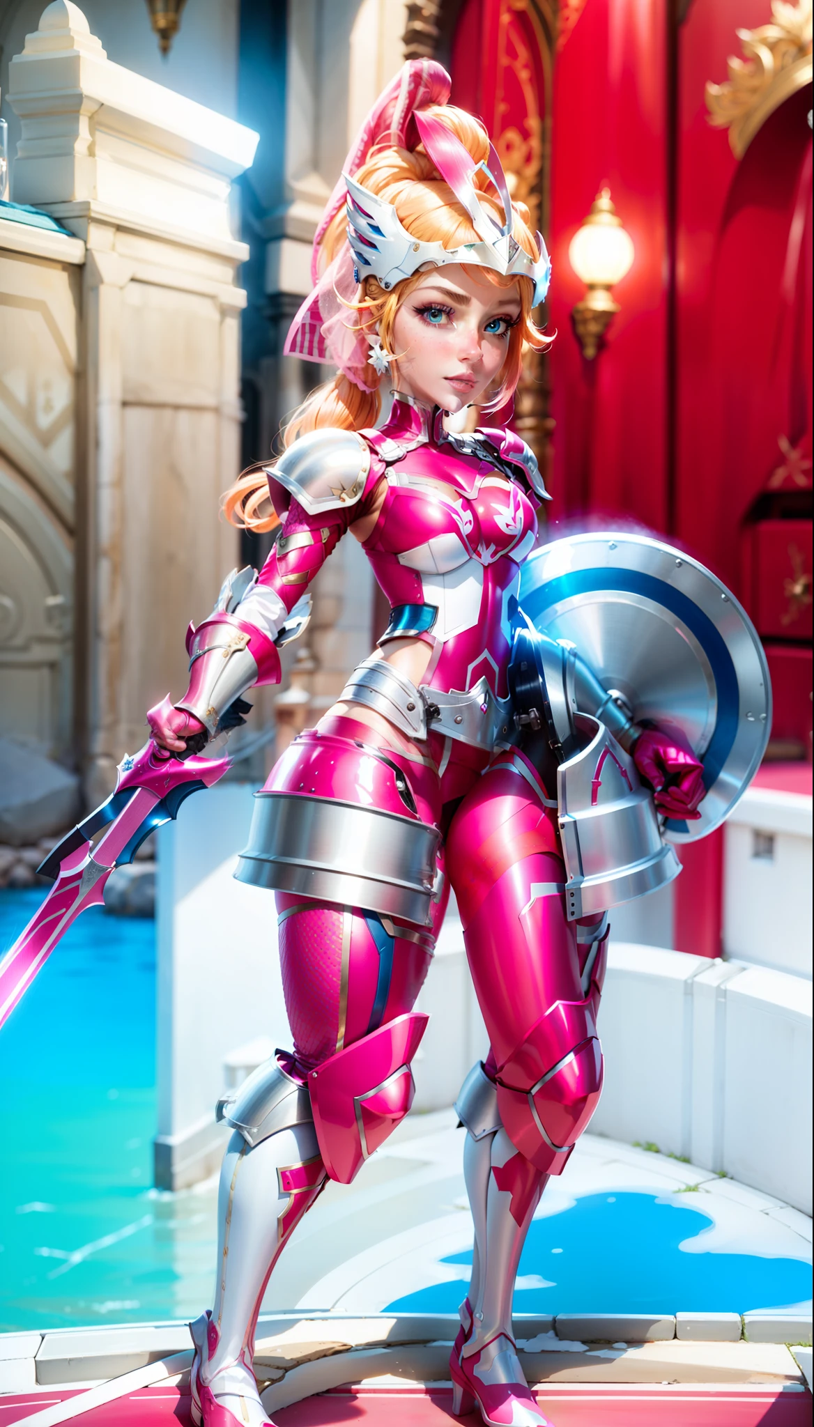 Close-up of woman in pink outfit holding a sword, smooth pink armor, fuchsia skin under armor, streamlined pink armor, matte pink armor, fuchsia skin, bright fuchsia skin, sharp silver fuchsia skin, smooth fuskia leather, shining pink armor, (best quality, masterpiece: 1.4), high-quality detailed graphics, perfect face, extremely delicate and beautiful, detailed skin texture, detailed fully visible face, realistic face, beautiful big eyes, fully visible face, light white skin, (solid shield: 1.3), shield without holes, hair tail from under the helmet at the back, blonde red hair ponytail, (red hair tail: 1.3), blue eyes, leather pants under fuchsia armor