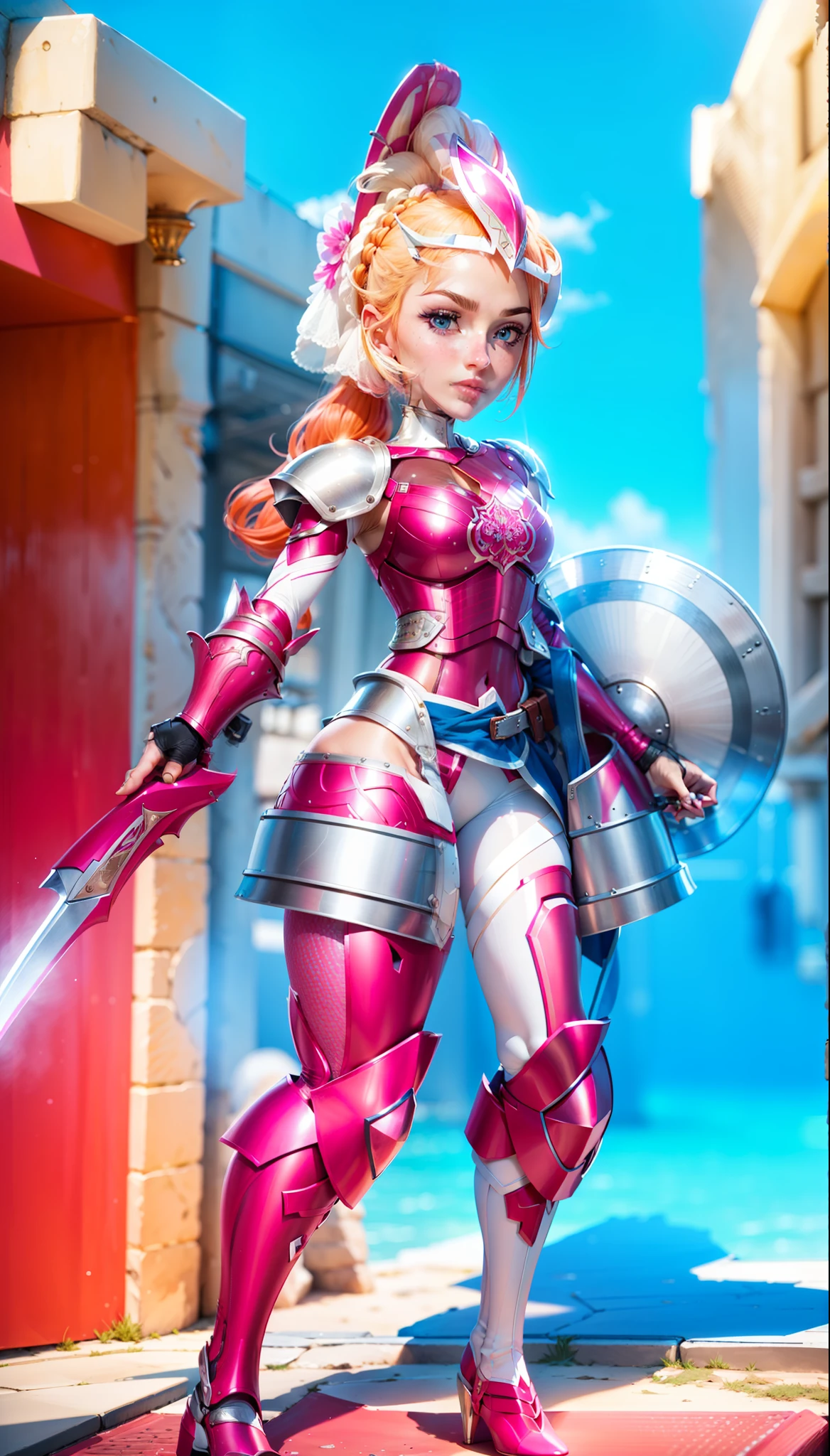 Close-up of woman in pink outfit holding a sword, smooth pink armor, fuchsia skin under armor, streamlined pink armor, matte pink armor, fuchsia skin, bright fuchsia skin, sharp silver fuchsia skin, smooth fuskia leather, shining pink armor, (best quality, masterpiece: 1.4), high-quality detailed graphics, perfect face, extremely delicate and beautiful, detailed skin texture, detailed fully visible face, realistic face, beautiful big eyes, fully visible face, light white skin, (solid shield: 1.3), shield without holes, hair tail from under the helmet at the back, blonde red hair ponytail, (red hair tail: 1.3), blue eyes, leather pants under fuchsia armor