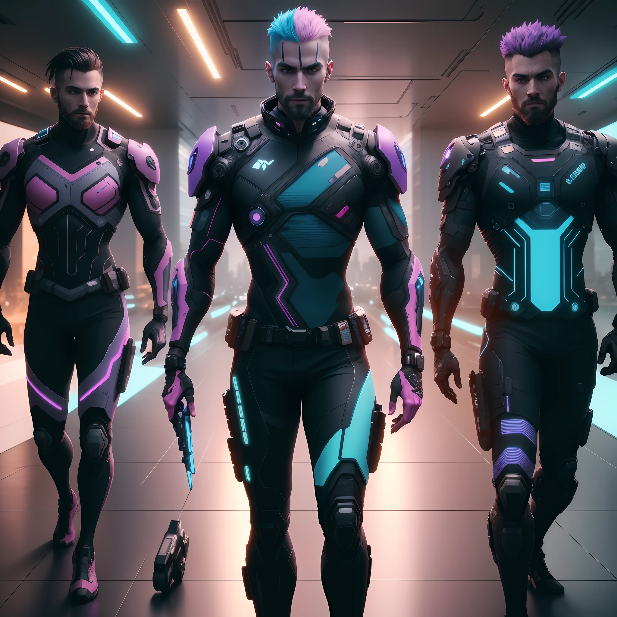 Reunion of man, team, squad, cyberpunk, abstract, full hd render + 3d octane render +4k UHD + immense detail + dramatic lighting + well lit + black, purple, blue, pink, cerulean, teal, metallic colours, + fine details + octane render + 8k