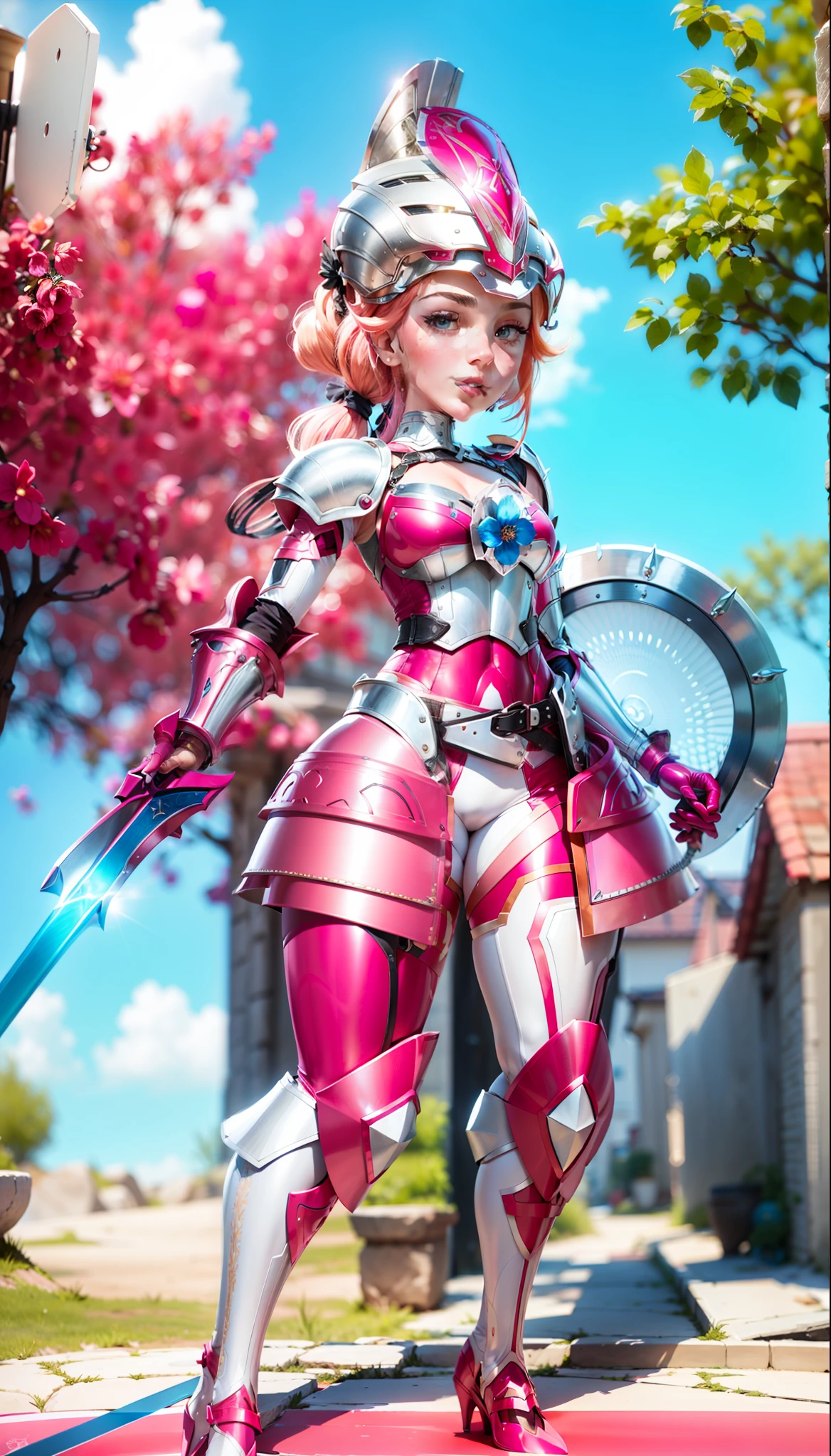 Close-up of woman in pink outfit holding a sword, smooth pink armor, fuchsia skin under armor, streamlined pink armor, matte pink armor, fuchsia skin, bright fuchsia skin, sharp silver fuchsia skin, smooth fuskia leather, shining pink armor, (best quality, masterpiece: 1.4), high-quality detailed graphics, perfect face, extremely delicate and beautiful, detailed skin texture, detailed fully visible face, realistic face, beautiful big eyes, fully visible face, light white skin, (solid shield: 1.3), shield without holes, hair tail from under the helmet at the back, blonde red hair ponytail, (red hair tail: 1.3), blue eyes, leather pants under fuchsia armor