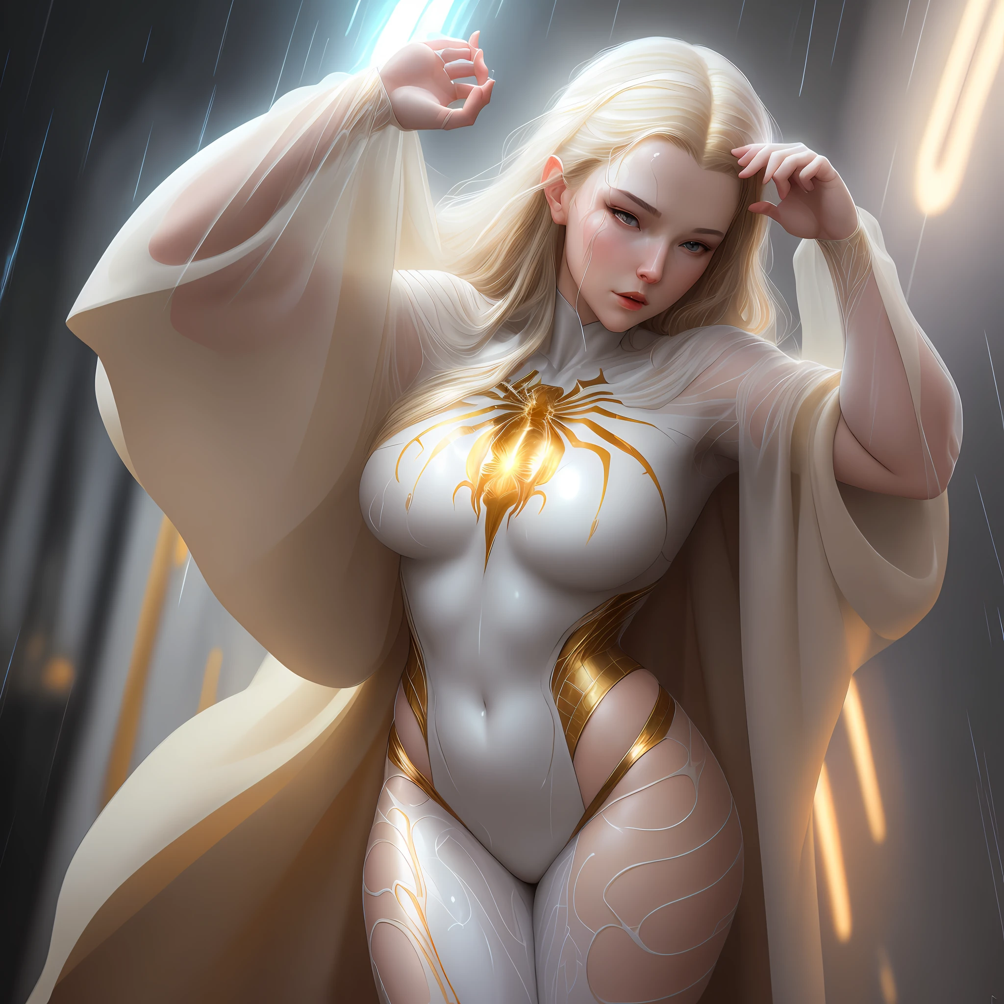 golden and white, spider man, drip outfit, heavy rain, magical, highly detailed, trending on artstation, unreal engine 4 k, cinematic wallpaper by stanley artgerm lau, wlop, rossdraws, james jean, andrei riabovitchev, marc simonetti, yoshitaka amano. background by james jean and gustav klimt, light by julie bell, 4 k, porcelain skin, style of zdislaw beksinski, detailed, 8k, dynamic lighting, white chromatic aberration, soaking wet