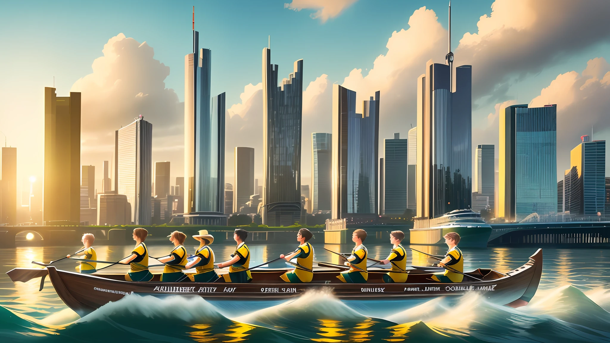 vibrant concept art depicting a rowing boat with eight athletes on a large river . limited yellow and teal palette.:2.0 frankfurt skyline in the background:1.0 with commerzbank highrise  clearly visible, :1.8 no bridges:1.7 . super sharp focus:2.0 . disturbed water.