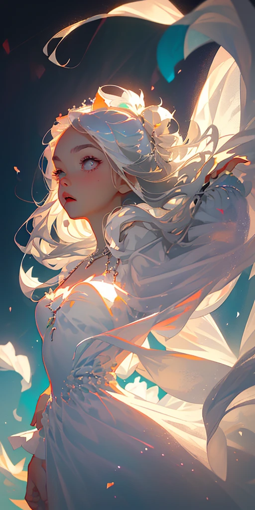 (best quality, masterpiece), 1 girl, pose, particle, wind, flower, upper body, simple background, look at the viewer, focus on face, silver hair, silver eyes, necklace, loose hair, white dress, white pupils