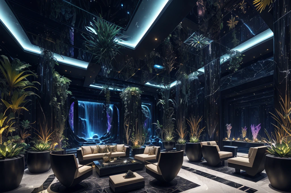 incredible black luxurious futuristic interior in Ancient Egyptian style with many (((lush plants, gorgeous flowers))), (lotus flowers), ((palm trees)), rocky walls, ((sand)), ((waterfalls)) (marble), ((precious minerals)), ((metals)), (gemstones), crystals, clouds and (water), ((futuristic luxury furniture)), crocodiles, (hieroglyphics), (((ultra luxury))), (black marble) – with ((beautiful lights)), Unreal Engine, HQ, 16k