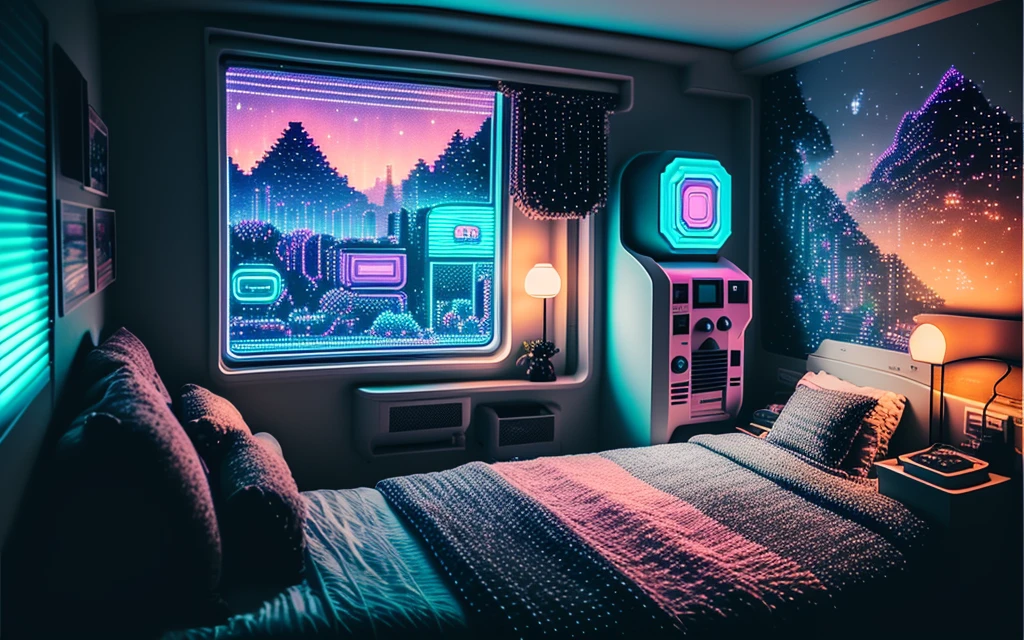 photo of a cozy upscale Atari-64 neo-gameboy futurism bedroom
