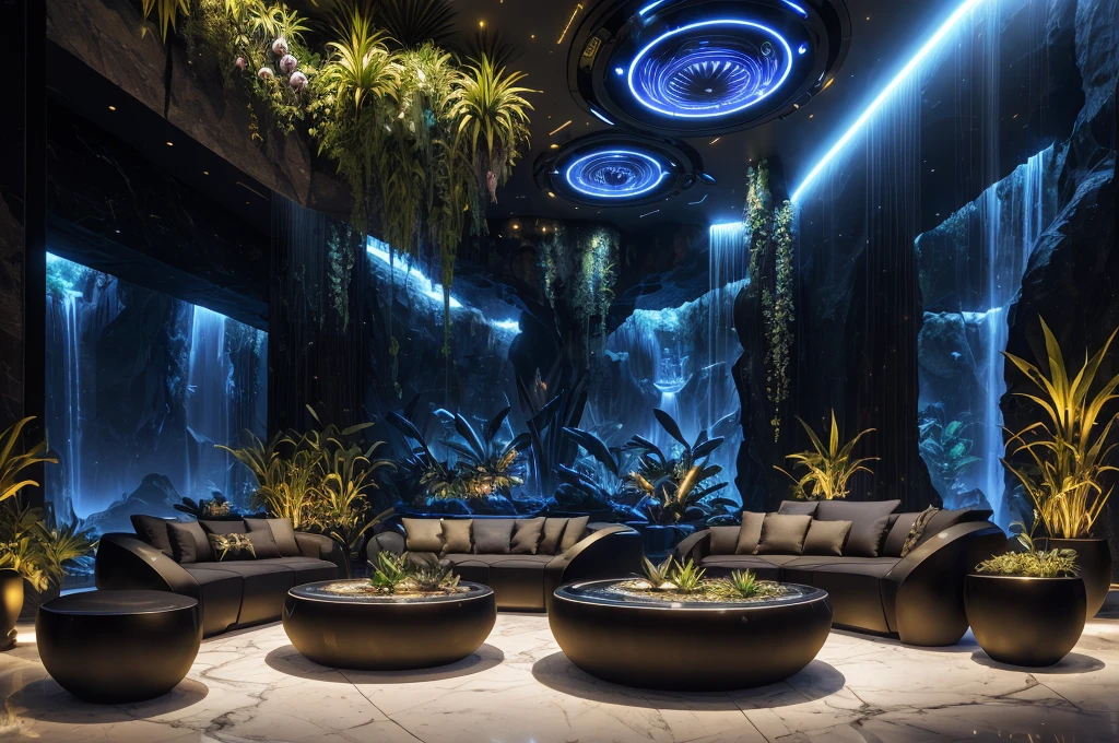 incredible black luxurious futuristic living room interior in Ancient Egyptian style with many (((lush plants, gorgeous flowers))), (lotus flowers), ((palm trees)), rocky walls, ((sand)), ((waterfalls)) (marble), ((precious minerals)), ((metals)), (gemstones), crystals, clouds and (water), ((futuristic luxury furniture)), crocodiles, (hieroglyphics), (((ultra luxury))), (black marble) – with ((beautiful lights)), Unreal Engine, HQ, 16k