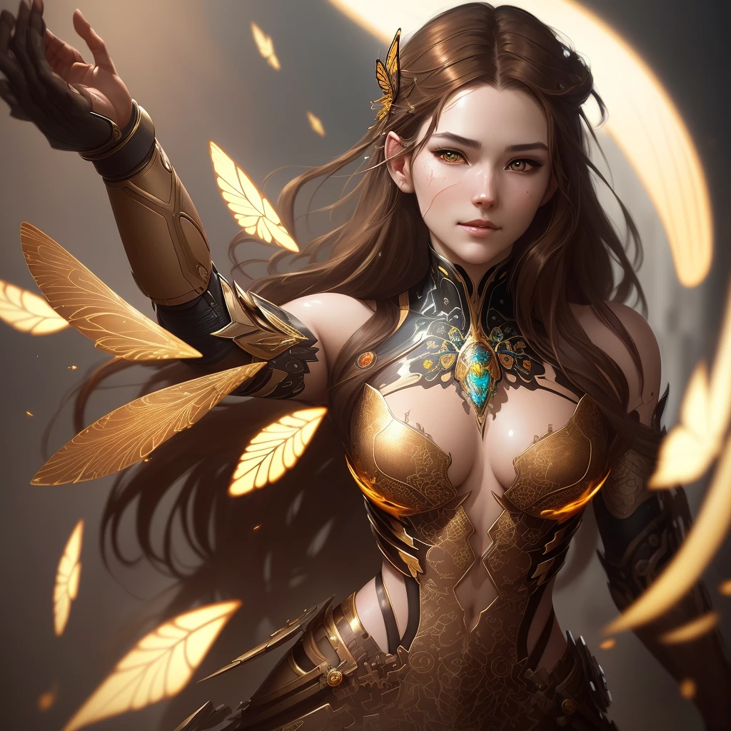8k portrait of beautiful cyborg with brown hair, intricate, elegant, highly detailed, majestic, digital photography, art by artgerm and ruan jia and greg rutkowski surreal painting gold butterfly filigree, broken glass, (masterpiece, sidelighting, finely detailed beautiful eyes: 1.2), hdr,