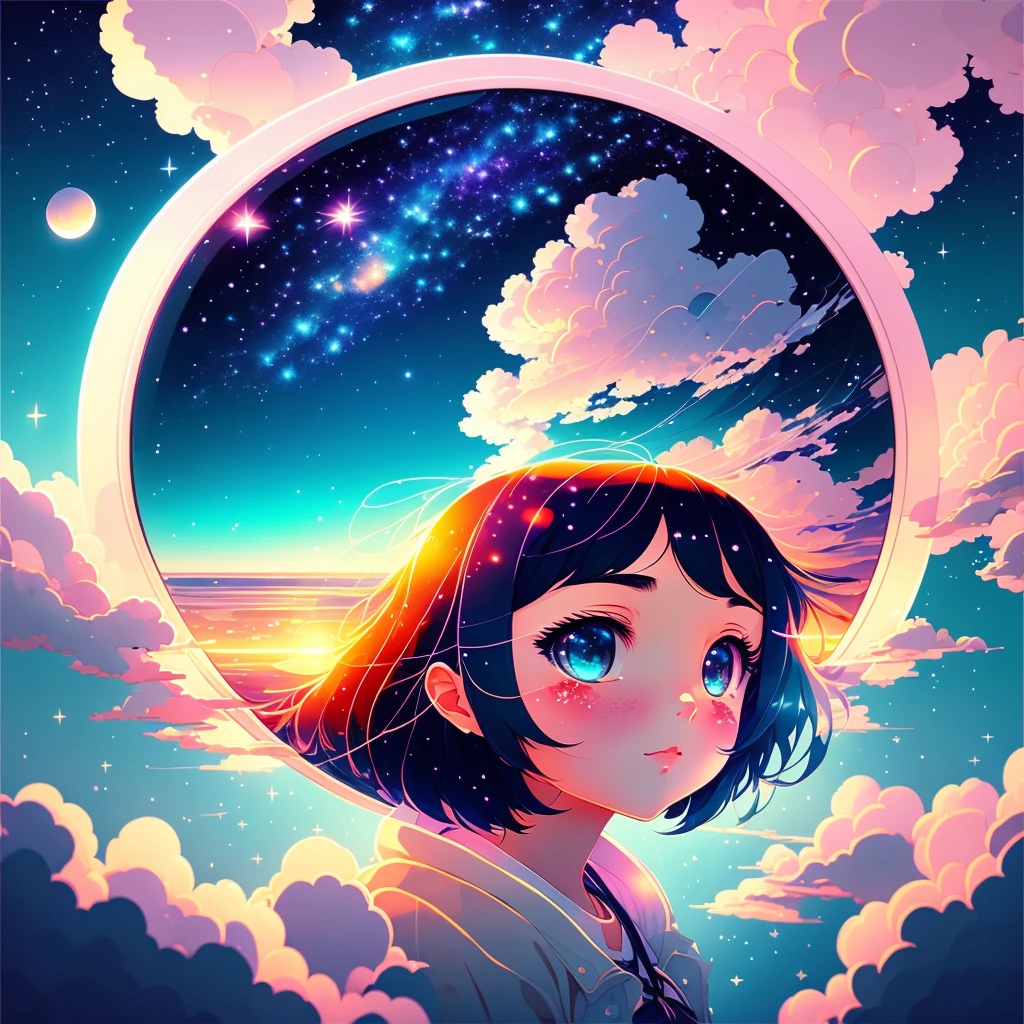 1 girl, eye, close up, beautiful night sky, meteor shower, beyond the clouds, water surrounded, reflections, wide angels, breathtaking clouds, wide angle, by makoto shinkai, thomas kinkade, james gilleard, by holosomnialandscape, hdr, volumetric lighting, ray tracing, an intricate, high details, very detailed, deviantart, 4k vertical wallpaper,
colorful, airy, anime illustration, anime nature wallpaper