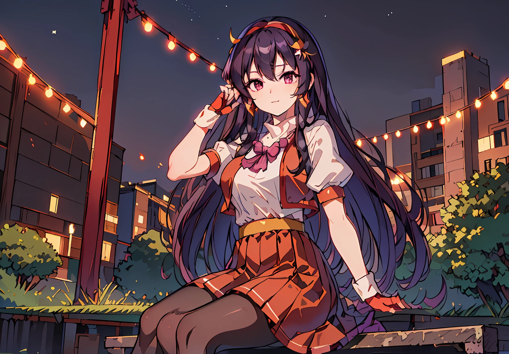 (masterpiece, best quality), 1girl(Athena_Asamiya), cute dress, long black hair, sitting, beautiful outdoor background, night, forest