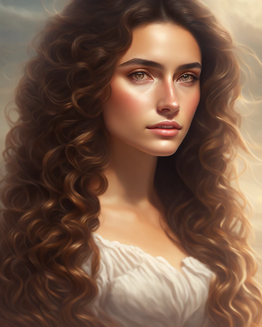 realistic photo, portrait of a brunette woman, wavy hair, brown eyes,, Majestic, Dark Nautical, oil, low angle, Environment modeling, Grainy, Digital painting, colors are muted color
