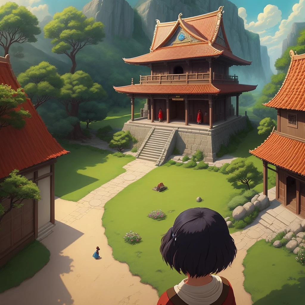 A time travel adventure to the 1400s with people in a temple,
In the style of Ghibli Animation