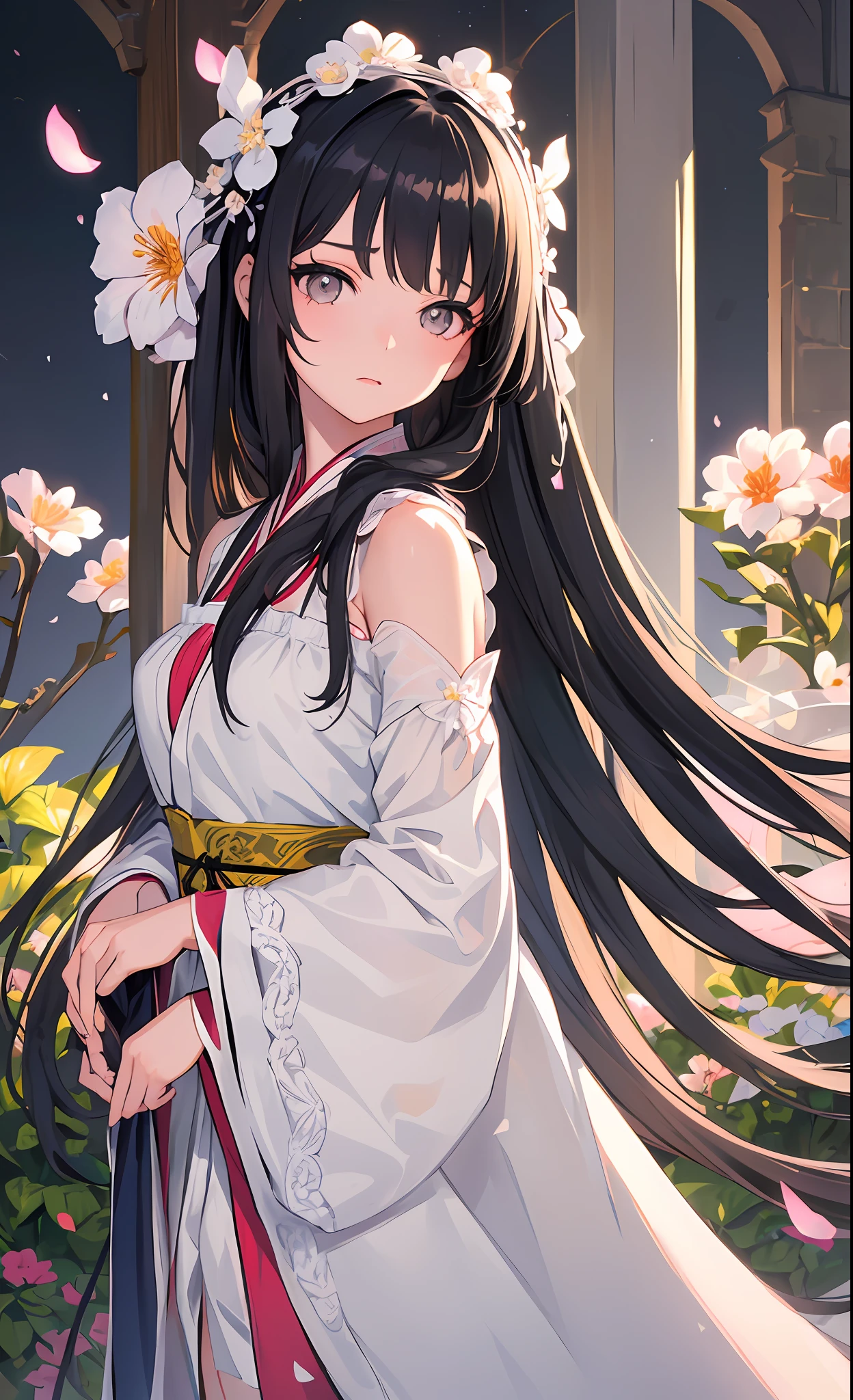 ( girl: 1.5), lace, ribbon, Hanfu, (masterpiece, side light, delicate and beautiful gray eyes: 1.2), masterpiece, realistic, glowing eyes, shiny hair, black hair, long hair, shiny skin, solo, awkward, tube top, delicate, beautiful, garden, flowers, fluttering petals,