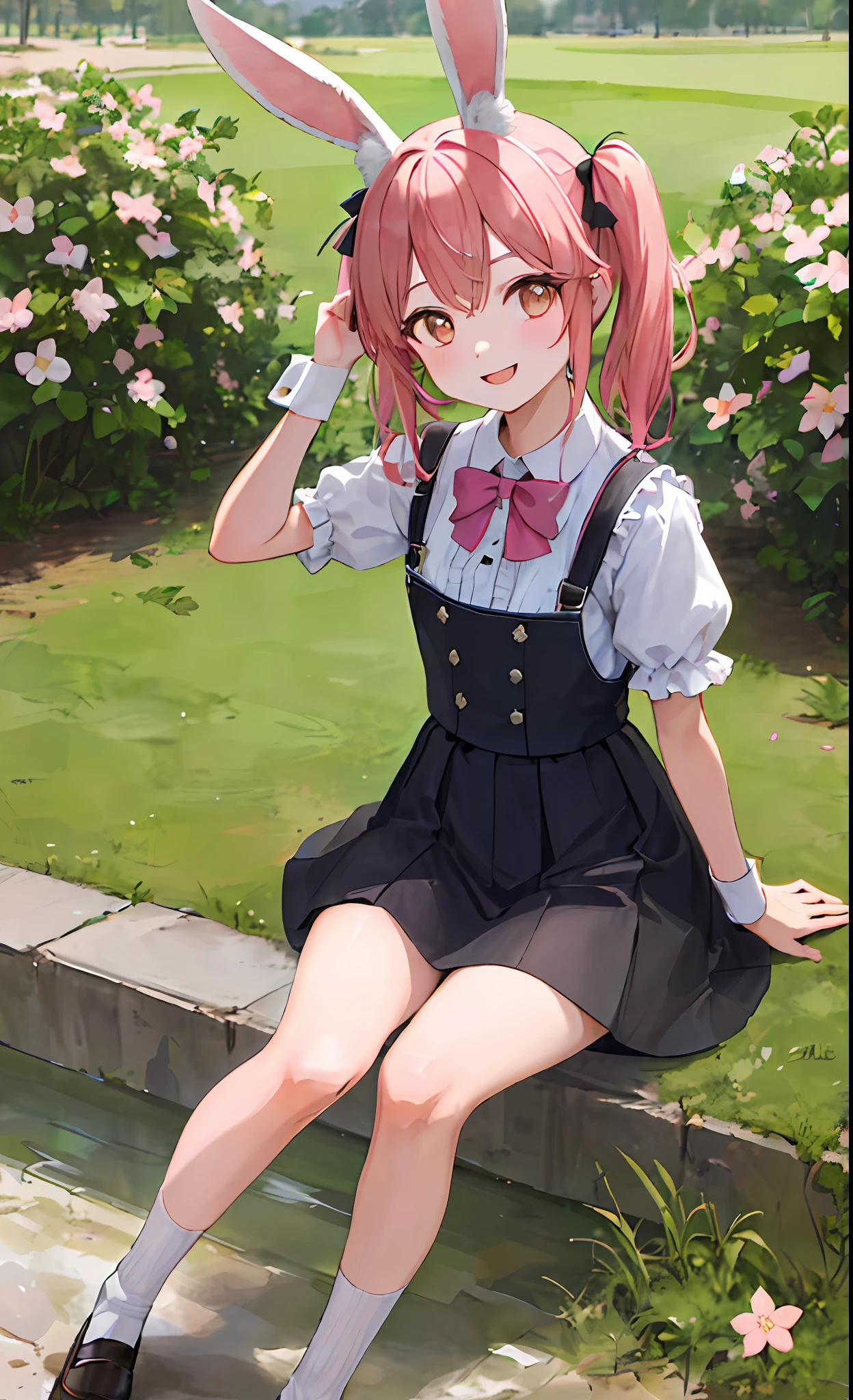 ((Masterpiece, Best Quality)), a solo shot of a girl with rabbit ears wearing black Mary Janes, lifting one foot and sitting on the grass, wearing a pink short skirt, short sleeves, bubble sleeves, with twin tails and a smile, looking at a bunny, surrounded by cherry blossoms and dappled sunlight. Outdoor scene featuring a fluffy white underskirt, bangs, and brown eyes.
