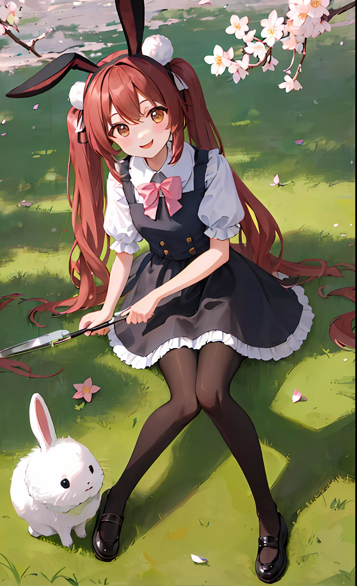 ((Masterpiece, Best Quality)), a solo shot of a girl with rabbit ears wearing black Mary Janes, lifting one foot and sitting on the grass, wearing a pink short skirt, short sleeves, bubble sleeves, with twin tails and a smile, looking at a bunny, surrounded by cherry blossoms and dappled sunlight. Outdoor scene featuring a fluffy white underskirt, bangs, and brown eyes.