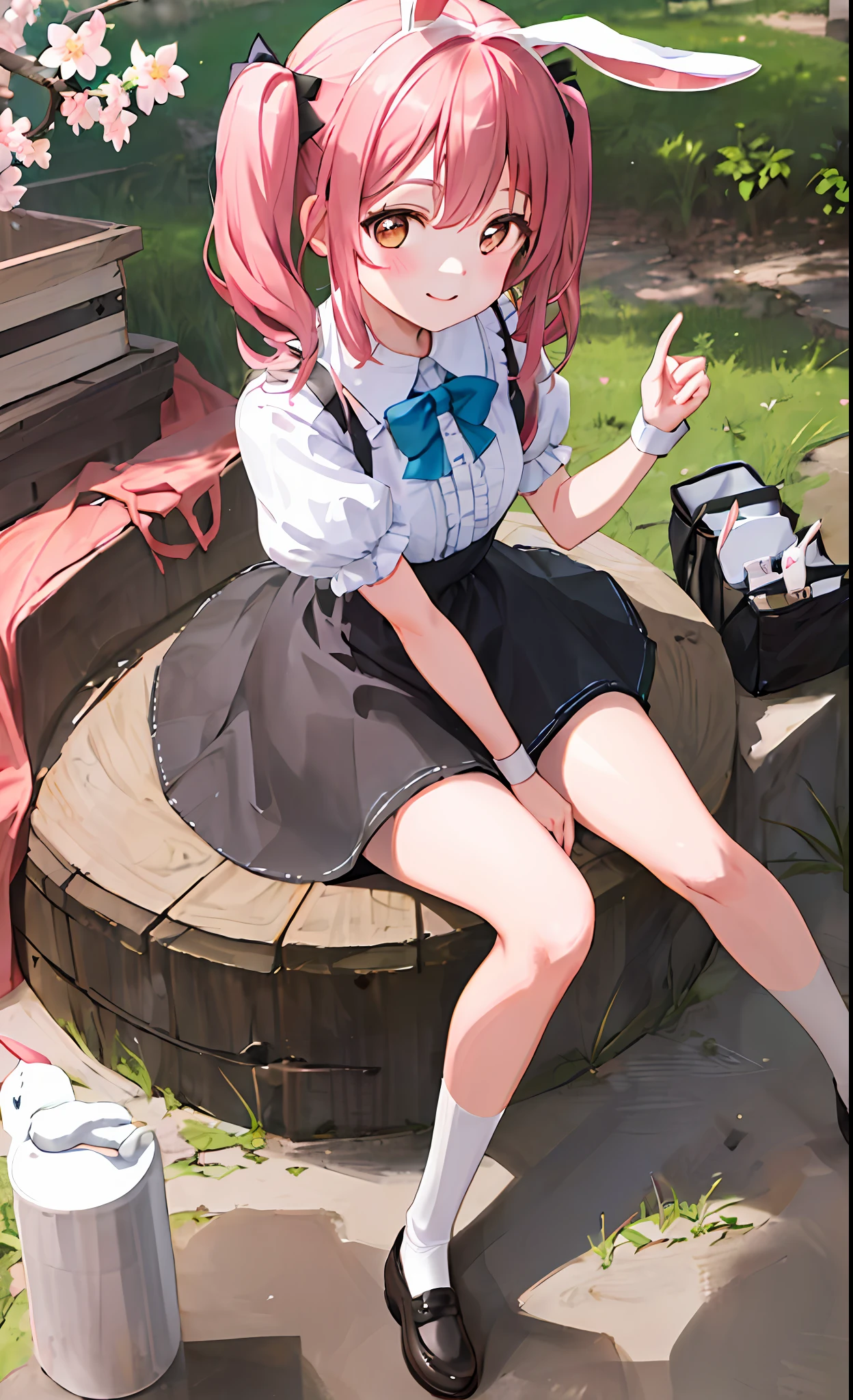((Masterpiece, Best Quality)), a solo shot of a girl with rabbit ears wearing black Mary Janes, lifting one foot and sitting on the grass, wearing a pink short skirt, short sleeves, bubble sleeves, with twin tails and a smile, looking at a bunny, surrounded by cherry blossoms and dappled sunlight. Outdoor scene featuring a fluffy white underskirt, bangs, and brown eyes.