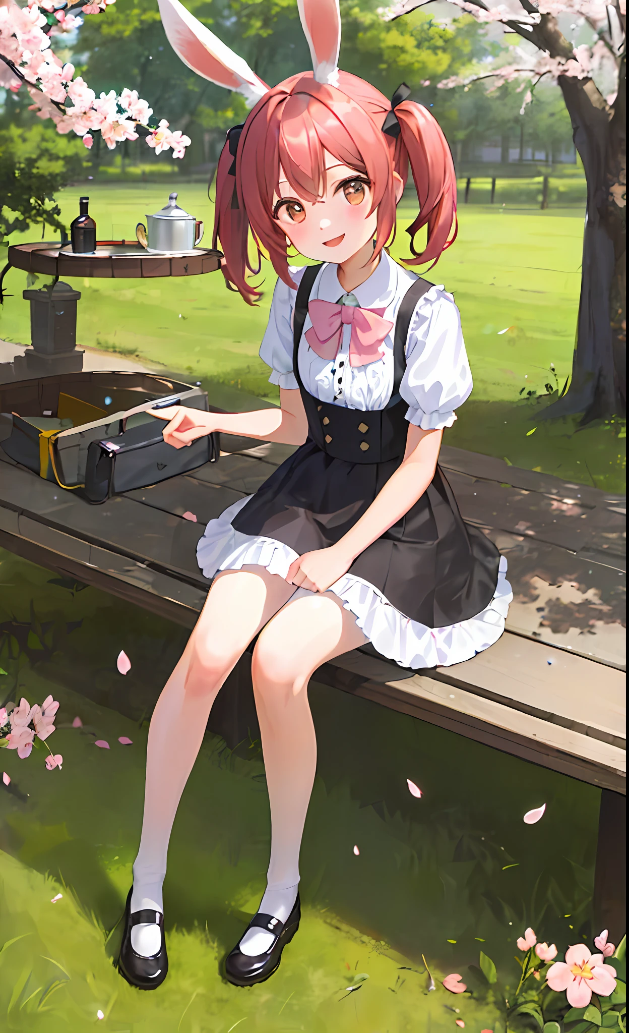 ((Masterpiece, Best Quality)), a solo shot of a girl with rabbit ears wearing black Mary Janes, lifting one foot and sitting on the grass, wearing a pink short skirt, short sleeves, bubble sleeves, with twin tails and a smile, looking at a bunny, surrounded by cherry blossoms and dappled sunlight. Outdoor scene featuring a fluffy white underskirt, bangs, and brown eyes.