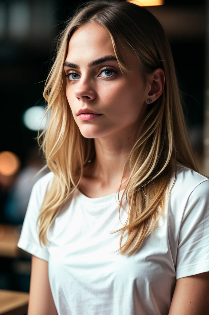 beautiful woman, long straight blonde hair, wearing a white t-shirt without print, wearing leather belt, front view (sitting inside a modern restaurant at night), Cara Delevingne, very detailed, 30 years, natural wave hair, blue eyes, high-res, masterpiece, best quality, intricate details, highly detailed, sharp focus, detailed skin, realistic skin texture, texture, detailed eyes,  professional, 4k, Canon shooting, 85mm, shallow depth of field, kodak color vision, perfect fit body, extremely detailed, photo_\(ultra\), photorealistic, realistic, post-processing, maximum detail, roughness, real life, ultra realistic, photorealism, photography, 8k uhd, photography (grain of film) medium shot for closeup shot atmospheric dark lighting