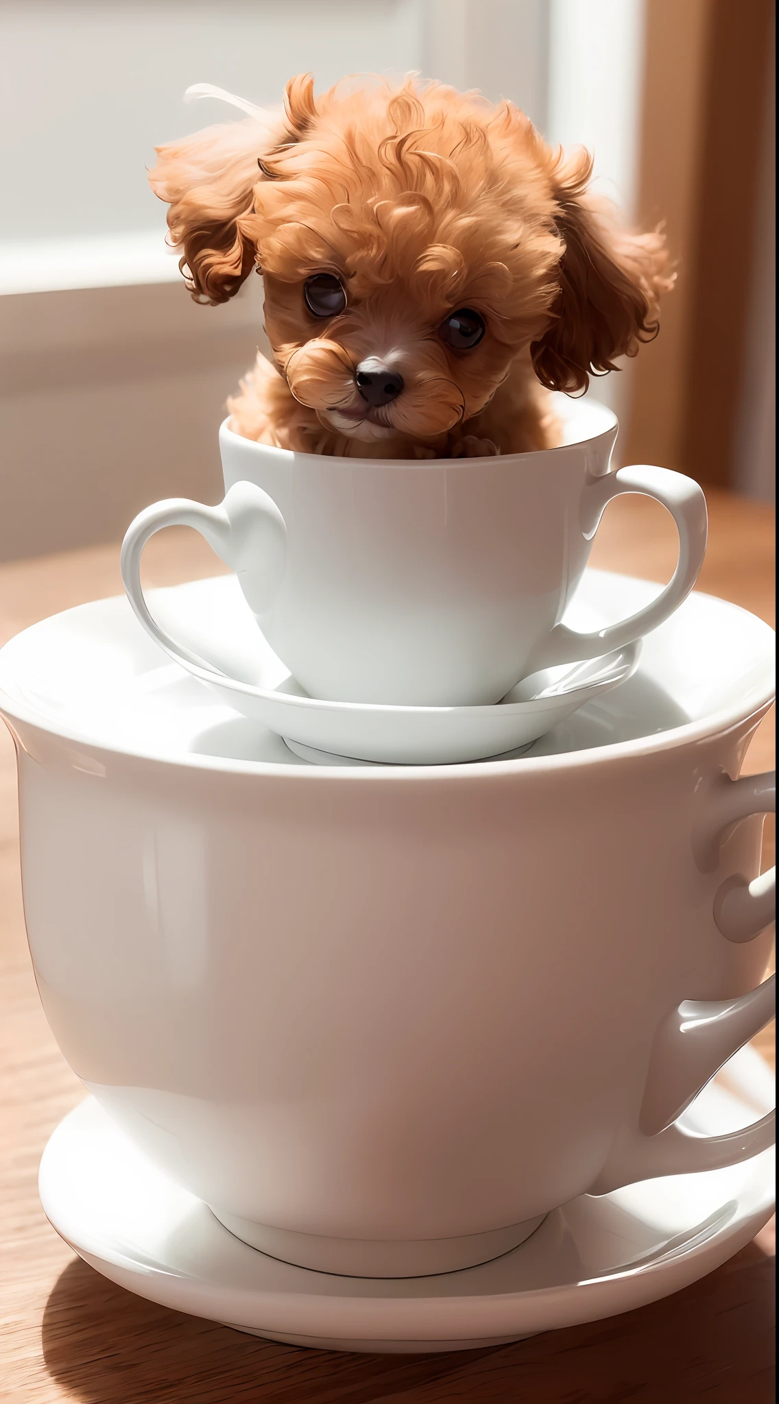 Toy poodle in white, (((((small)))), in a teacup, showing face, sticking out tongue, sticking out of the paw, 8k, professional photo, delicate, clear, on the table, in the house, sunshine, light leak, masterpiece, ((pretty)))), stylish teacup, (reality)))), mokomoko