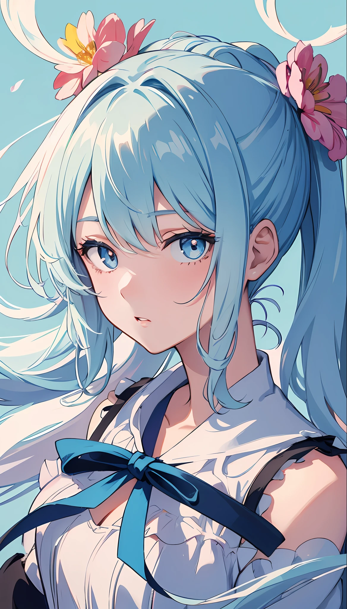 (masterpiece), (best quality), (ultra detailed),(disheveled hair),(illustration), (1girl), (Fashionable clothing), standing, Fashion model, looking at viewer, (interview), (simple background),beautiful detailed eyes, delicate beautiful face, Floating,(high saturation),(colorful splashes),colorful bubble,(shining), focus on face,  ponytail, kamisato ayaka, light blue hair, bangs, hair ring, floating flowers, floating hairs, (shining), best lighting, best shadow,