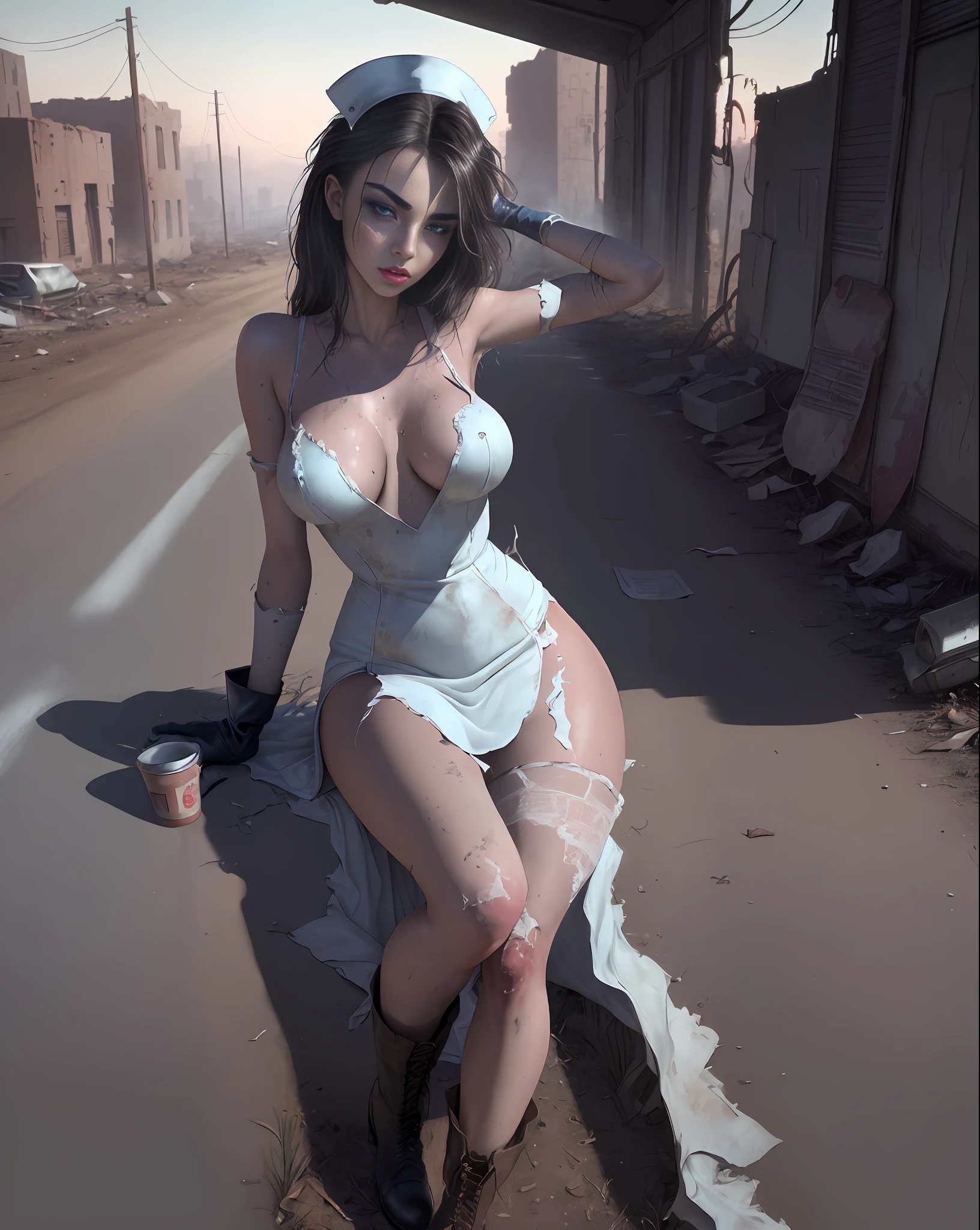 Yael Shelbia (beautiful and bold, seductive and attractive, blue eyes, pointed breasts, white nurse's dress, boot, short glove, thick legs). (deserted road, dirt road, smoke, abandoned cars, newspapers, abandoned objects, bodies lying on the ground, abandoned road, twilight, apocalyptic abandoned city scenery, cinematic effect), (Best quality, masterpiece, depth of field, Full HD, 4K, richness of detail). Film style