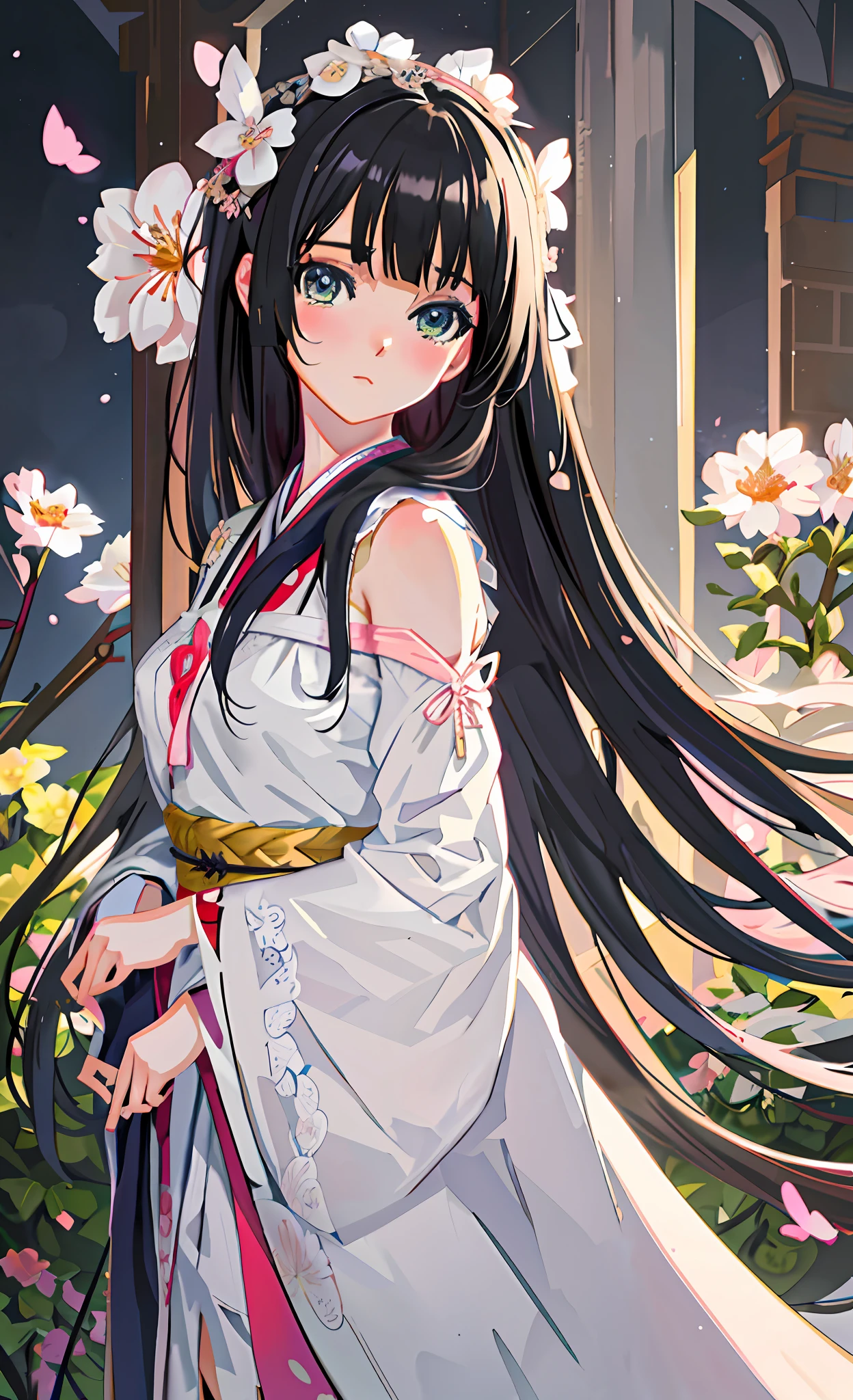 anime girl with long black hair and white dress standing in front of flowers, anime art wallpaper 8 k, anime style 4 k, anime art wallpaper 4k, anime art wallpaper 4 k, cute anime waifu in a nice dress, beautiful anime portrait, anime moe artstyle, beautiful anime girl, anime wallpaper 4k, anime wallpaper 4 k, 4 k manga wallpaper