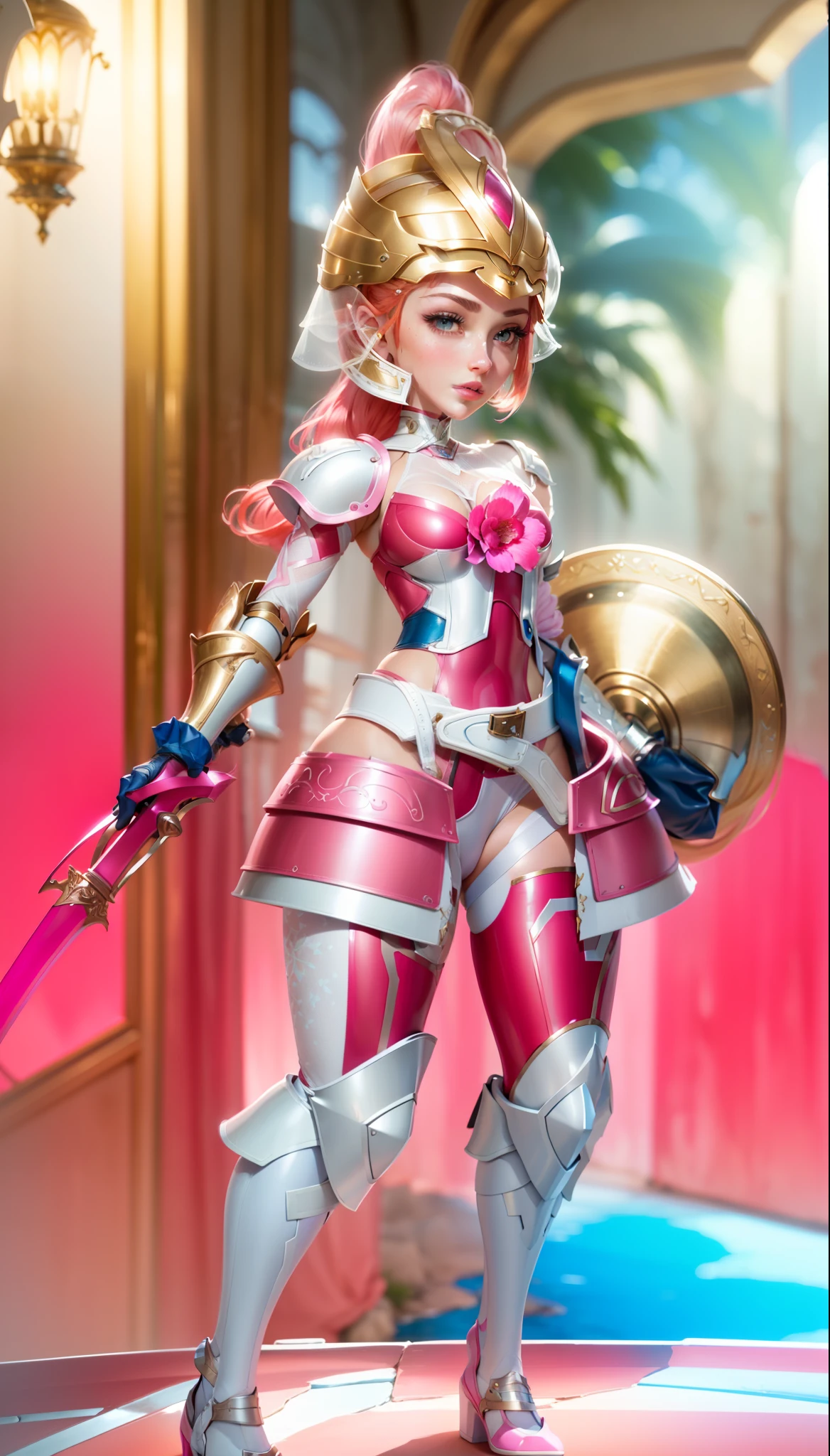 Close-up of woman in pink outfit holding a sword, smooth pink armor, fuchsia skin under armor, streamlined pink armor, matte pink armor, fuchsia skin, bright fuchsia skin, sharp silver fuchsia skin, smooth fuskia leather, shining pink armor, (best quality, masterpiece: 1.4), high-quality detailed graphics, perfect face, extremely delicate and beautiful, detailed skin texture, detailed fully visible face,  realistic face, beautiful big eyes, fully visible face, light white skin, (solid shield: 1.3), (shield without holes), hair tail from under the helmet at the back, blonde red hair ponytail, (red hair tail: 1.3), blue eyes, (leather pants under fuchsia armor), gloves on the hands, beautiful delicate lips, perfectly detailed lips, perfectly detailed eyes