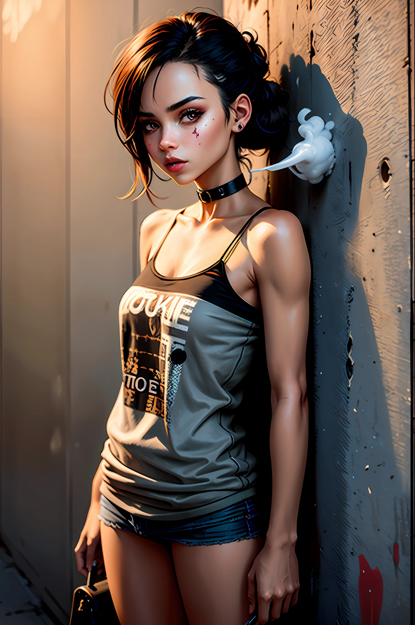 detailed, concrete, urban, industrial, graffiti, 1girl, against wall, upper body, smoking, brown eyes, choker,