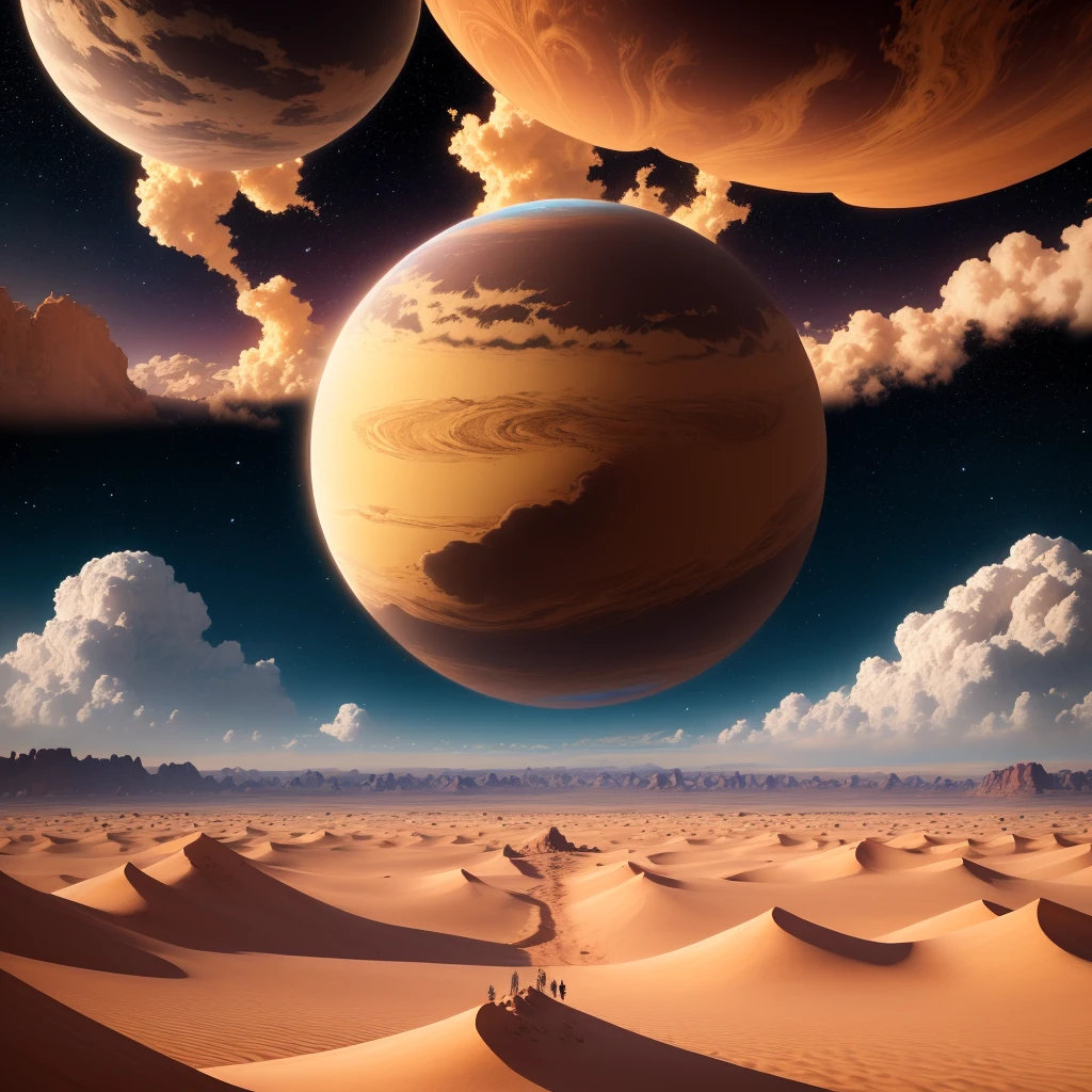 Fasa a desert with a planet and clouds with motanhas in 8K