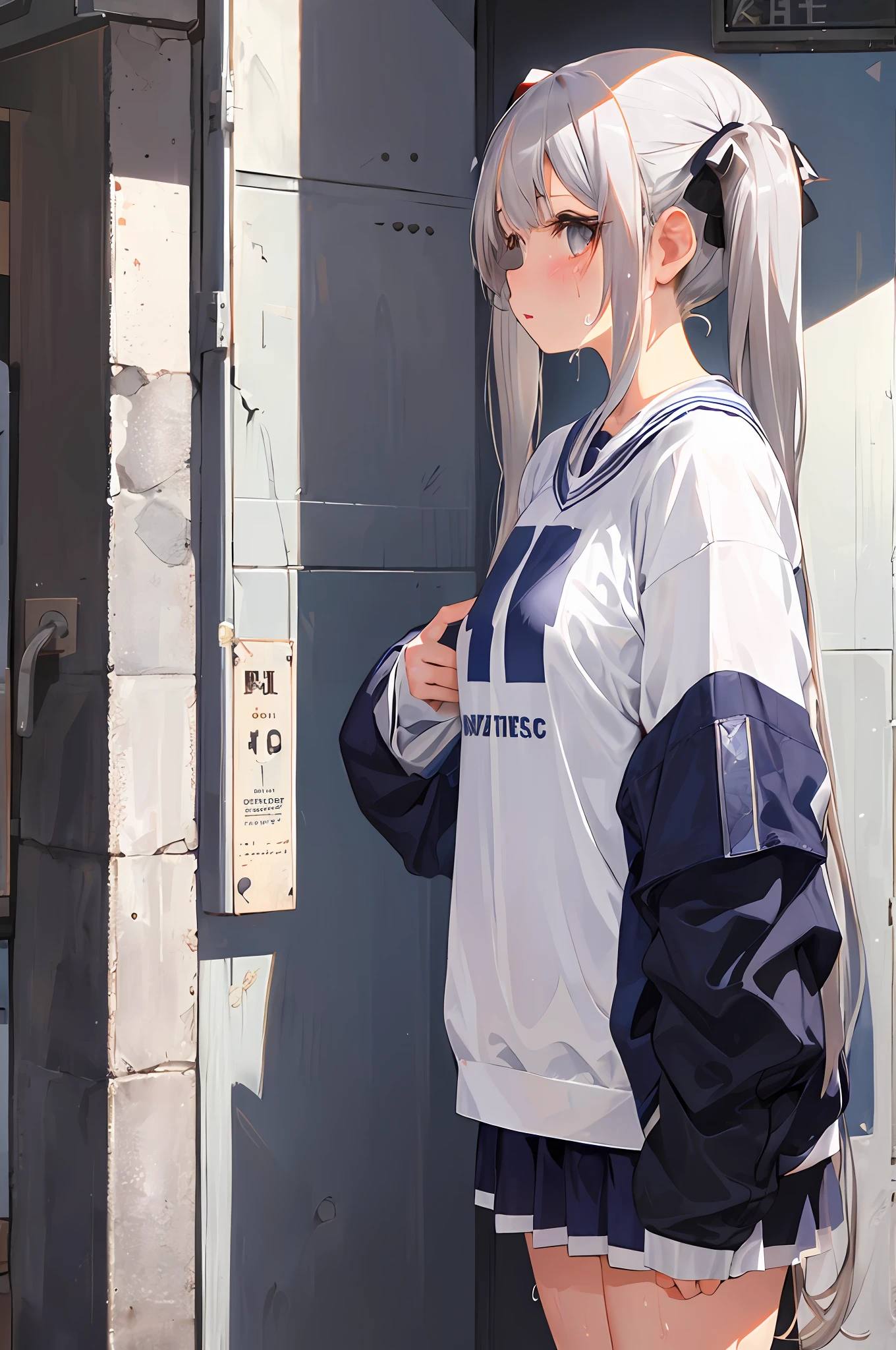 , Big, Twin Tails, Silver Hair, Cute, Huge, Jersey, Sweat, Outdoor
