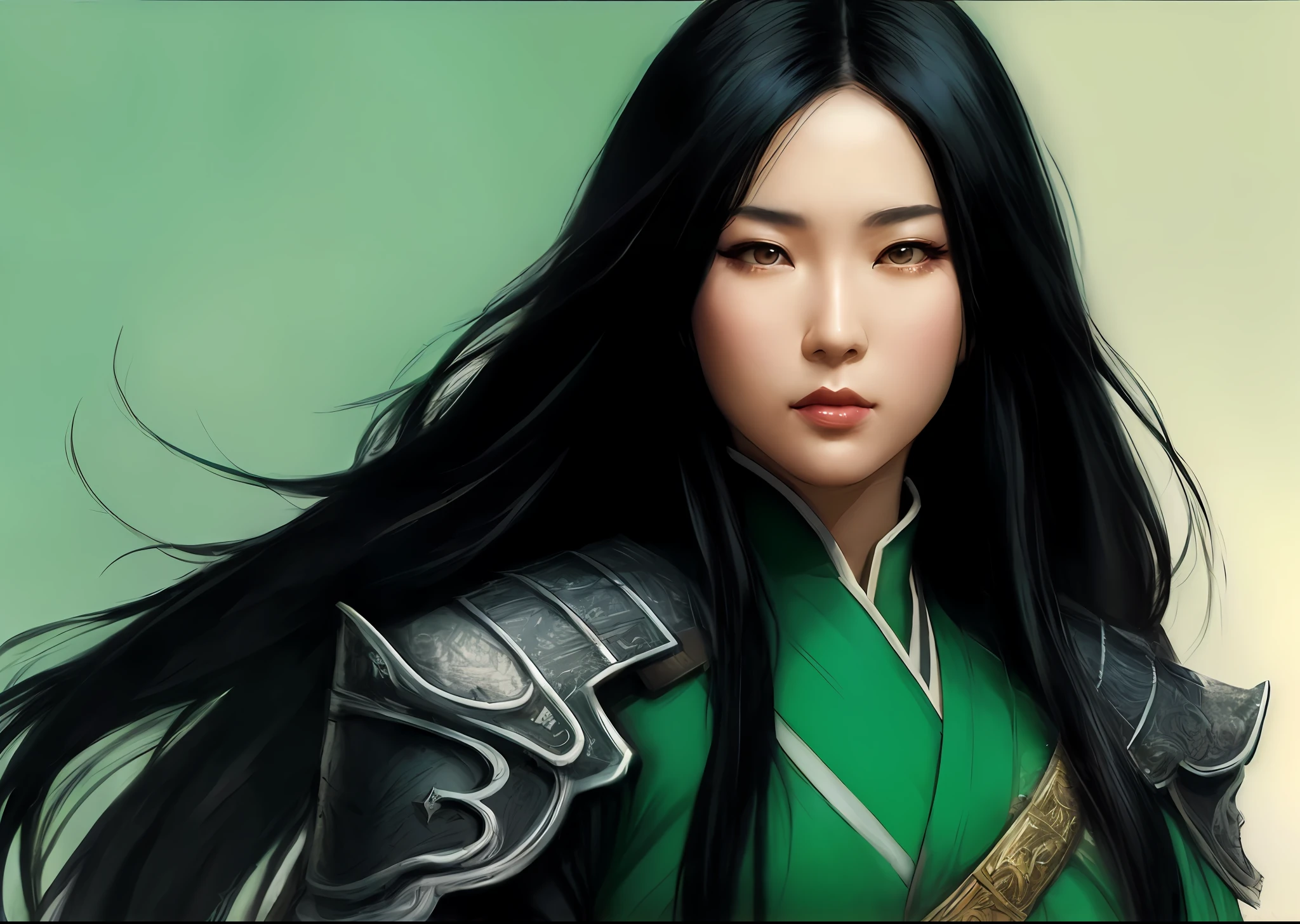 a close up of a woman with long black hair wearing a green outfit, beautiful character painting, beautiful digital artwork, artgerm and ruan jia, artgerm detailed, stanley artgerm lau, 4k fantasy art, digital fantasy art ), portrait of mulan, 4k art, artgerm. high detail