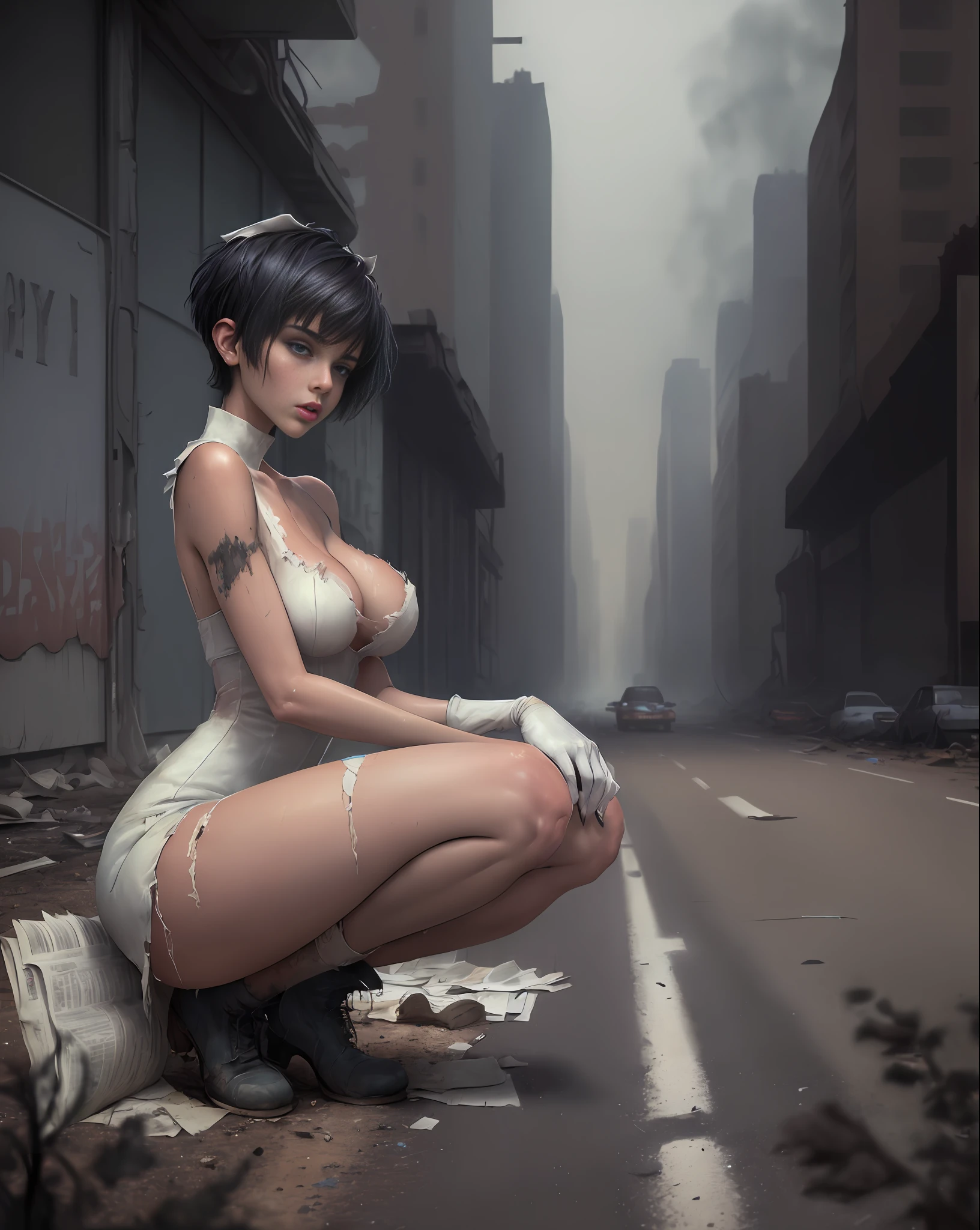 Yael Shelbia (beautiful and bold, seductive and attractive, blue eyes, pointed ???????, short hair, torn socks, white nurse's dress, boot, short glove, thick legs). (deserted road, dirt road, smoke, abandoned cars, newspapers, abandoned objects, bodies lying on the ground, abandoned road, dark night, apocalyptic abandoned city scenery, cinematic effect), (Best quality, masterpiece, depth of field, Full HD, 4K, richness of detail). Portrait style, side view