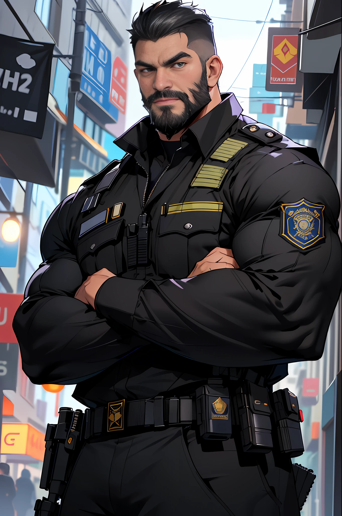 best quality, masterpiece, super high resolution, detailed background, realistic, illustration, single, 1 boy, muscle man, beard, SWAT, street, muscle, facial hair, volumetric lighting, depth of field, gasping for air, raised crotch, black clothes, ((black police uniform)) shirt, (arms crossed over chest)