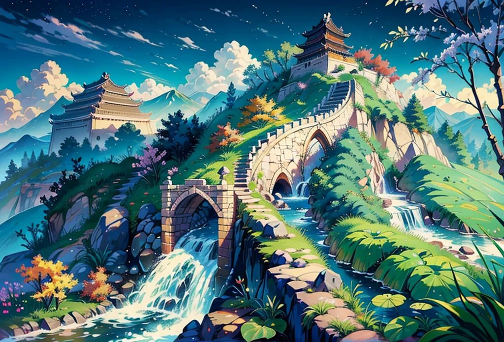 Great Wall, Ancient Chinese Architecture, Moon, Midnight, Garden, Bamboo, Lake, Stone Bridge, Rockery, Arch, Corner, Trees, Flowing Water, Landscape, Outdoor, Waterfall, Meadow, Rock, Water Lily, Hot Spring, Water Vapor, (Illustration: 1.0), Epic Composition, Realistic Lighting, HD Detail, Masterpiece, Best Quality, (Very Detailed CG Unity 8k) --v 6