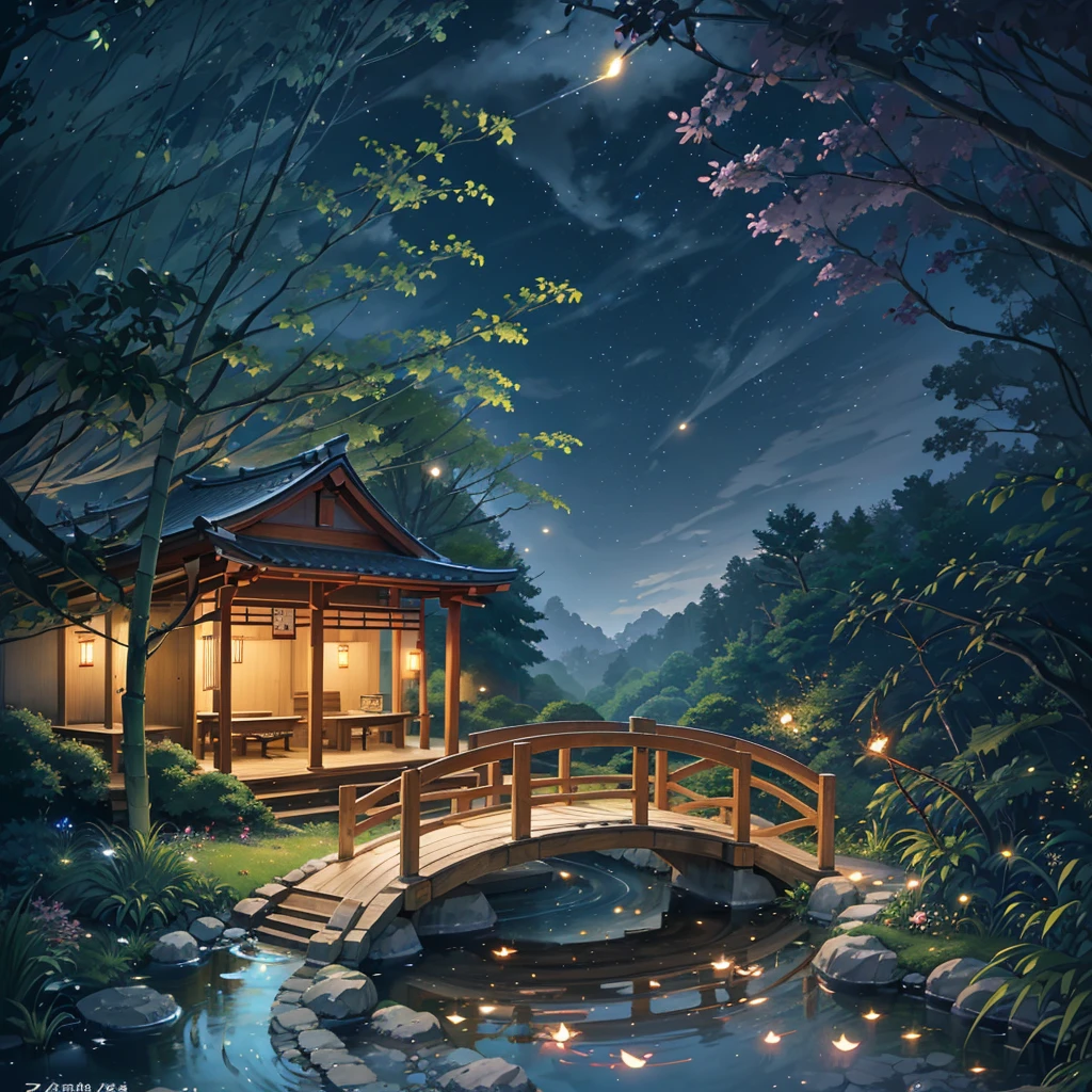 Japanese garden, small bridge and flowing water, night starry sky, summer night sky, fireflies, bamboo forest, extreme details, realistic light, epic composition, (complex details), (complex design, ultra-detail: 1.2), art station, (Masterpiece, Best Quality), Ultra HD, 32k --v 6