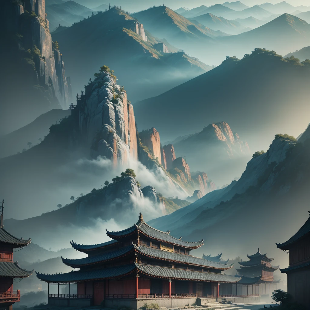 Chinese loft landscape, ink painting, color dull, cool tone, martial arts movie story style, highly detailed, dynamic, epic, realistic lighting and shadows, inspired by Jin Yong, vibrant, 8k, Octane rendering, Unreal Engine, very detailed , Concept Art, Realistic, Cry Engine, Masterpiece, Recent Quality --v 6