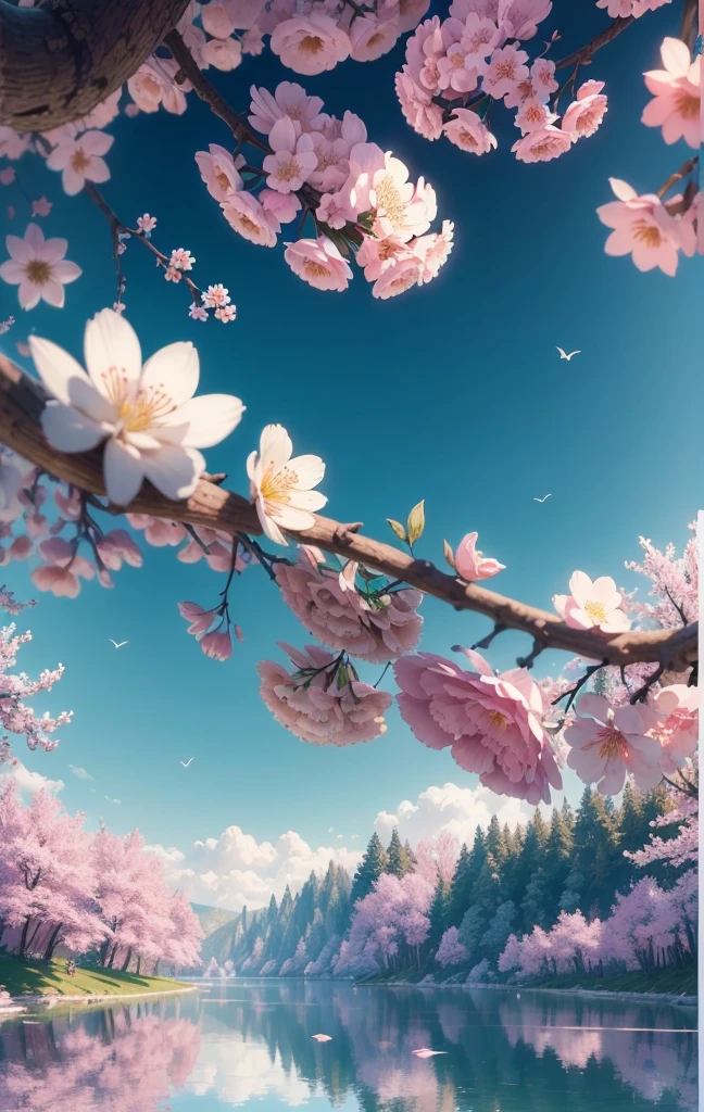 Masterpiece, best quality, (very detailed CG unity 8k wallpaper) (best quality), (best illustration), (best shadows) Critters Vibrant colors, water, natural beauty, peaceful oasis , cherry blossom tree, petals floating in the air, blue sky wonderland ray tracing, ultra-detailed --v6
