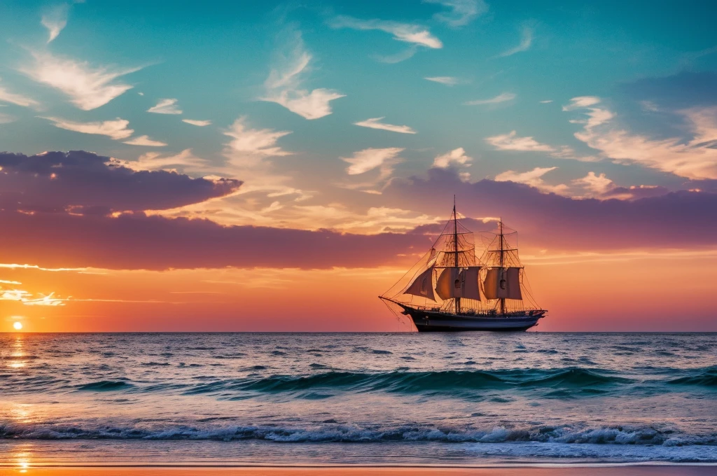 (extremely detailed CG unity 8k wallpaper, best quality, masterpiece), the waves on the sea shone in the first rays of the rising sun, like transparent petals, the hull of the ship swayed in the golden light and shadow, the sea breeze blew the canvas, the sound of "whoosh", the rising sun made people feel the hope of a new life, a golden and pink color intertwined, forming a beautiful picture on the sea. (watercolor, wide shot) , --v 6