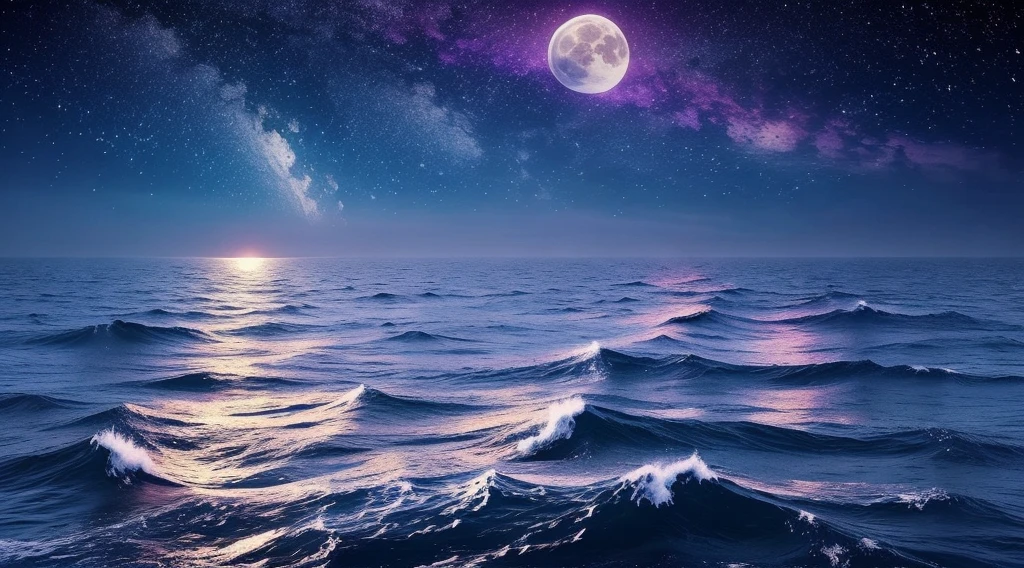 Super Resolution 8K Ghost Ship, Phantom Flight Surround, Scared, Nightmare, Ultra Detailed, Mysterious Atmosphere, Phantom Characters, Armageddon, Digital Painting, Fantasy, Art Station Trends, Cinematic Lighting, Surrealism, Science Fiction, Hyperdetail, Neon Color. As night falls, the sky is twinkled with stars. The moonlight illuminates the sea, and the sea glows with a soft silver glow. The reflection of the ship looms over the sea. The waves lap against the hull of the boat, making regular sounds. The surface of the sea is faintly blue, as if there is a full moon under the sky upside down in the sea. The sound of the wind and the waves intermingle to make it clearer under the gloomy night sky. The whole sea surface shows a quiet and deep atmosphere. --v 6
