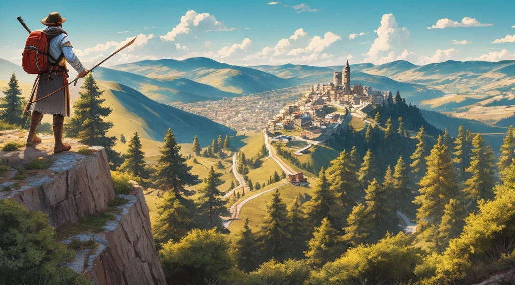 Ultra-detailed illustration of an explorer on top of a cliff looking at a medieval town, pine trees, wooden fence, stone walls, air view, --v 6