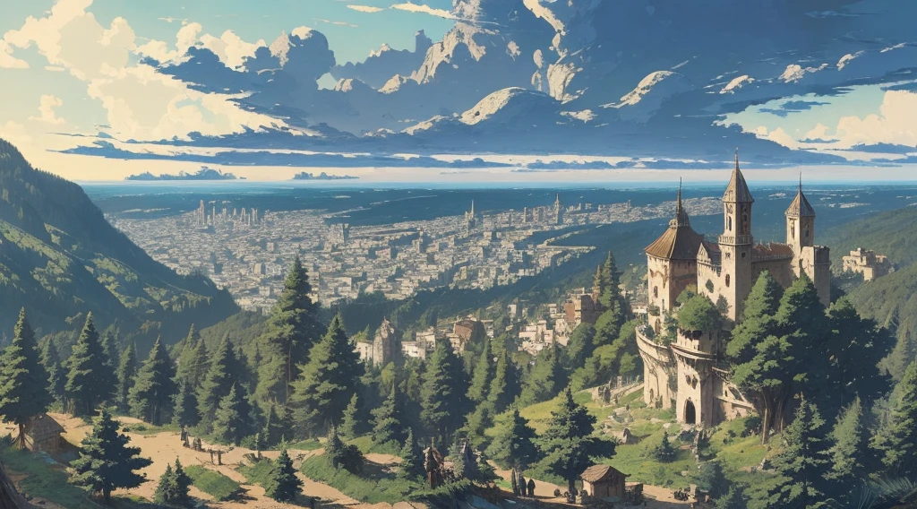 (Highly detailed illustration), Ultra detailed illustration of an explorer on top of a cliff looking at a medieval city, pine trees, wooden fence, stone walls, towers, trees, deformed clouds, Perfection, Cartoonish vector, ((Jeremy Mann mixed with Giovanni Boldini, and Studio ghibli)), highly illustrated, Stunning environment, aerial view --v 6