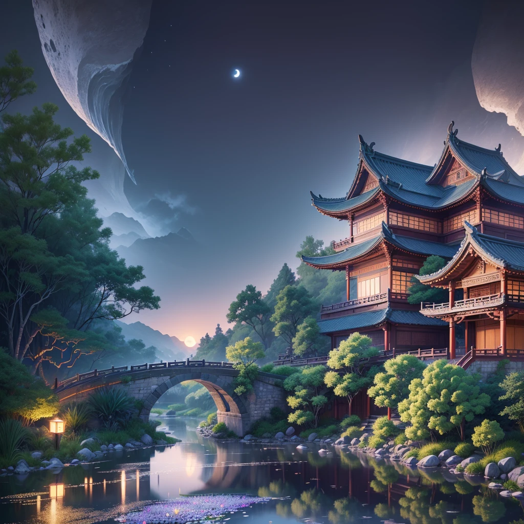 (Beautiful ancient Chinese architecture, moonlight twinkling, lakes at night, shaded by bamboo forests, stone bridge arches, gurgling water, rockery stone paths, blooming water lilies, hot spring water vapor, auspicious moonlight illustration: 1.0), epic composition, super details Realistic, highly realistic lighting, best wallpaper quality, masterpiece. (very detailed CG unity 8k wallpaper) --v6. --auto