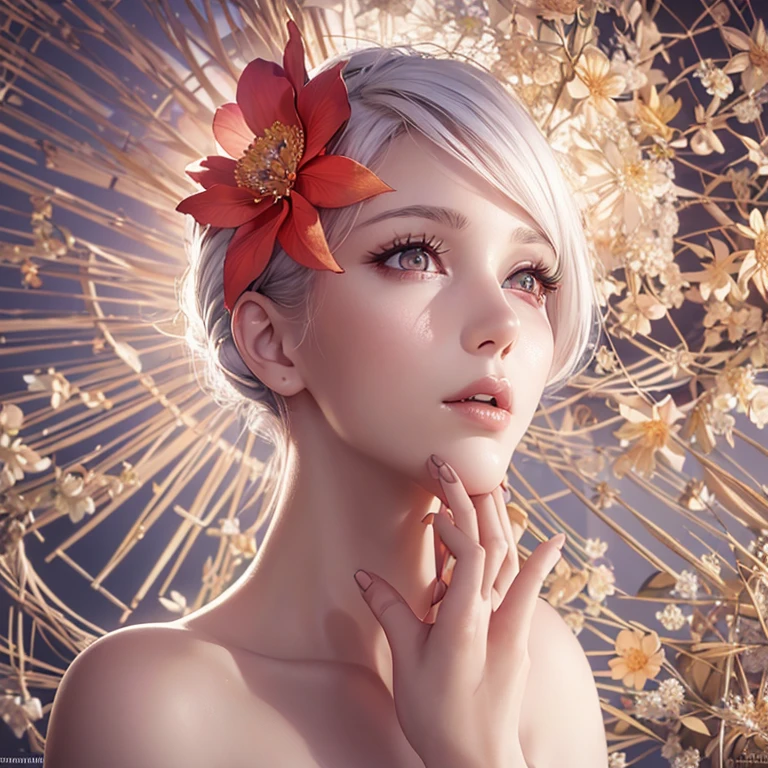 Model Deliberate, realistic anime CG style, closeup on the face of A girl wearing transparent princess dress messy white hair up to the waist, red and vibrant eyes, iris of the eyes is magnificent and well detailed, her face is beautiful, her skin is soft as silk with peach velvet, her body is sculptural as of a ballerina,  Your mouth between open, Adobe Illustration, Trending on Artstation, 8K, hd, UHD, octane render, Unreal Engine 5, ambient lighting, floral theme, autumn afternoon, by Charlie Bowater, -, --v 6