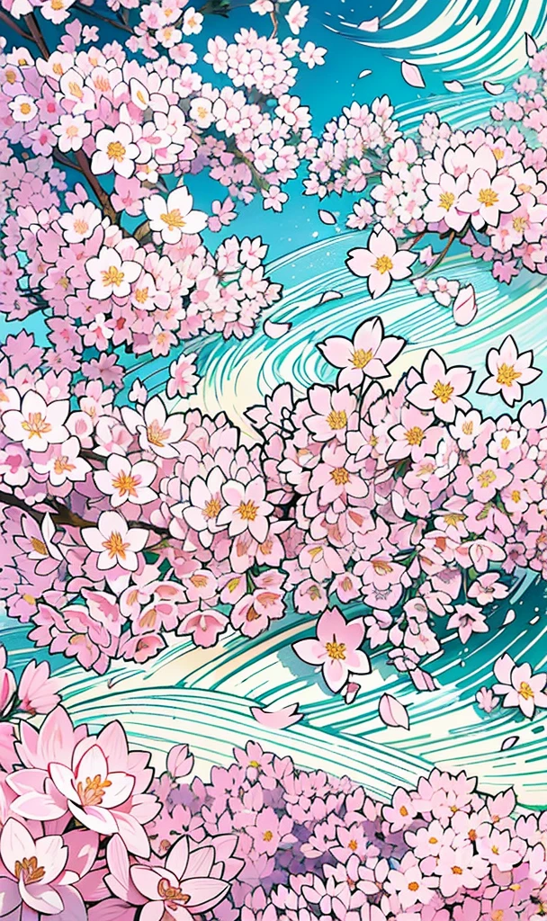 Masterpiece, best quality, (very detailed CG unity 8k wallpaper) (best quality), (best illustration), (best shadows) Nature', blue sea,delicate leaves petals of various colors falling in the air light Tracking, super detailed --v6, pink sakura blossoms, white waves