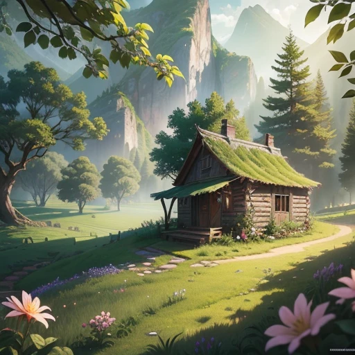 Masterpiece, best quality, (very detailed CG unit 8k wallpaper) (best quality), (best illustration), (best shadows) green fields, valley, forest, small rustic hut in broken ruins, delicate petal leaves of various colors falling into the air, Ray tracing, ultra detailed --v6