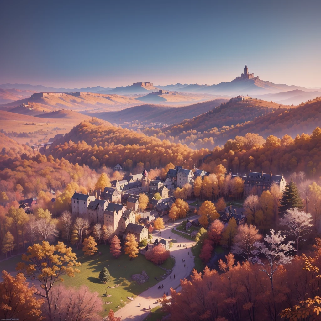 Masterpiece, best quality, (very detailed CG unit 8k wallpaper) (best quality), (best illustration), (best shadows) view from a cliff to a small medieval town, delicate petal leaves of various colors falling into the air, Ray tracing, ultra detailed --v6