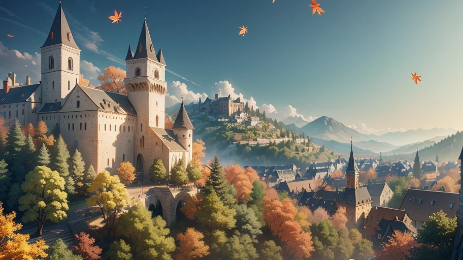 Masterpiece, best quality, (very detailed CG unit 8k wallpaper) (best quality), (best illustration), (best shadows) view from a cliff to a small medieval town, delicate petal leaves of various colors falling into the air, Ray tracing, ultra detailed --v6