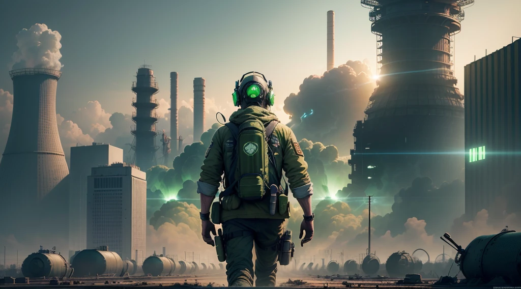 Masterpiece, best quality, (very detailed CG unit 8k wallpaper) (best quality), (best illustration), (best shadows) a man with gas mask, entering a radioactive city, visible green radiation mists, abandoned city, nuclear power plants in the background, ray tracing, ultra detailed, aeria view --v6