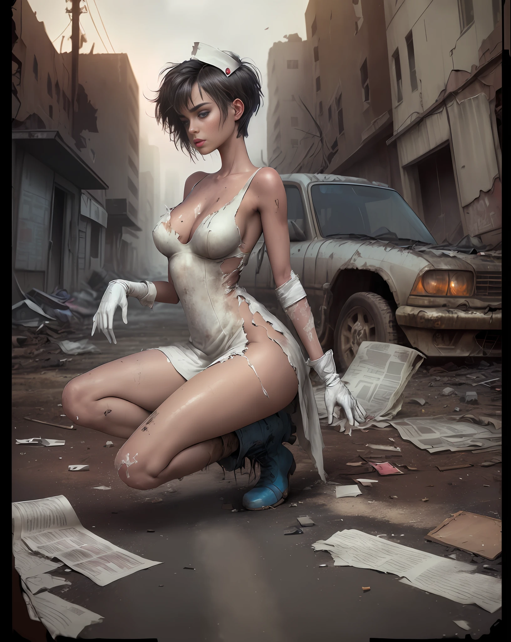 Yael Shelbia (beautiful and bold, seductive and attractive, blue eyes, pointed chests, short hair, robotic arms, torn socks, white nurse's dress, boot, short glove, thick legs). (deserted road, dirt road, smoke, abandoned cars, newspapers, abandoned objects, bodies lying on the ground, abandoned road, dark night, apocalyptic abandoned city scenery, cinematic effect), (Best quality, masterpiece, depth of field, Full HD, 4K, richness of detail). Portrait style, side view