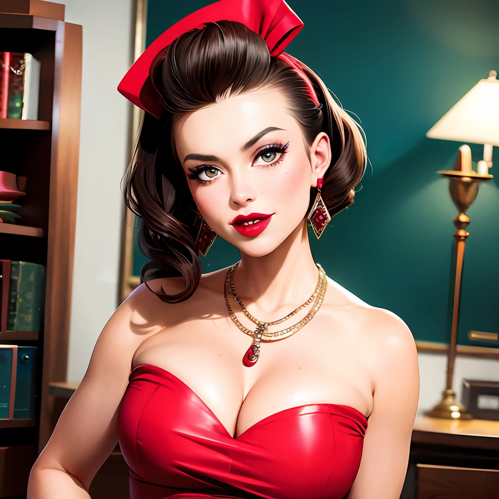 Create a photo of a '50s-style makeup saleswoman wearing a necklace of a life-size entire watermelon